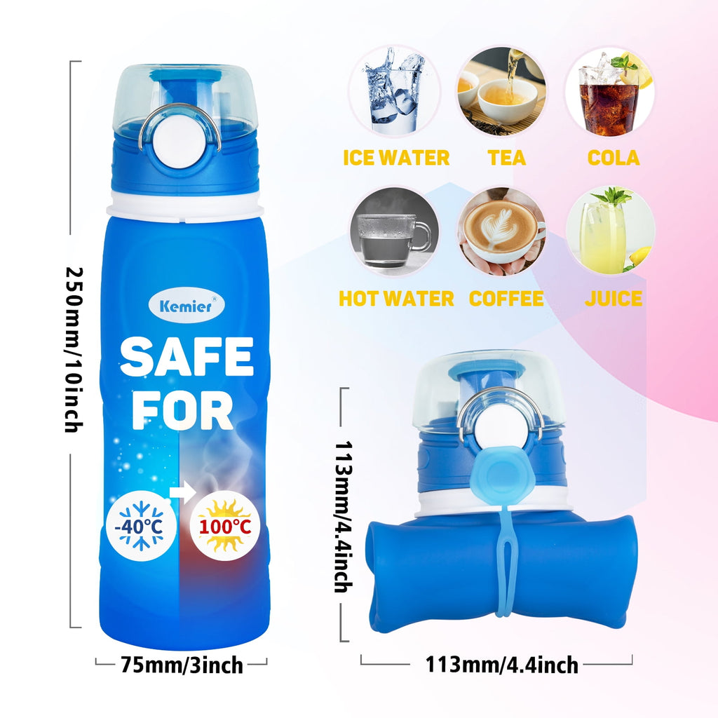 Premium Collapsible Silicone Water Bottle - 750ML Leakproof, BPA-Free, Ideal for Travel, Fitness, Hiking, and Outdoor Activities