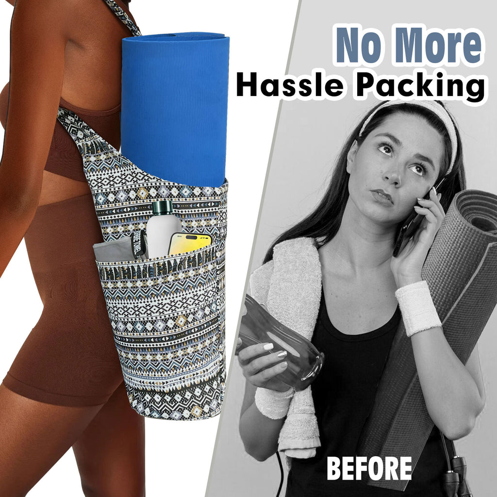 Yoga Mat Carrier Bag with Large Side Pocket and Long Strap - Fits Most Sizes