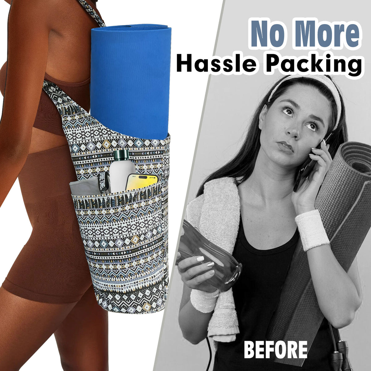 Yoga Mat Carrier Bag with Large Side Pocket and Long Strap - Fits Most Sizes