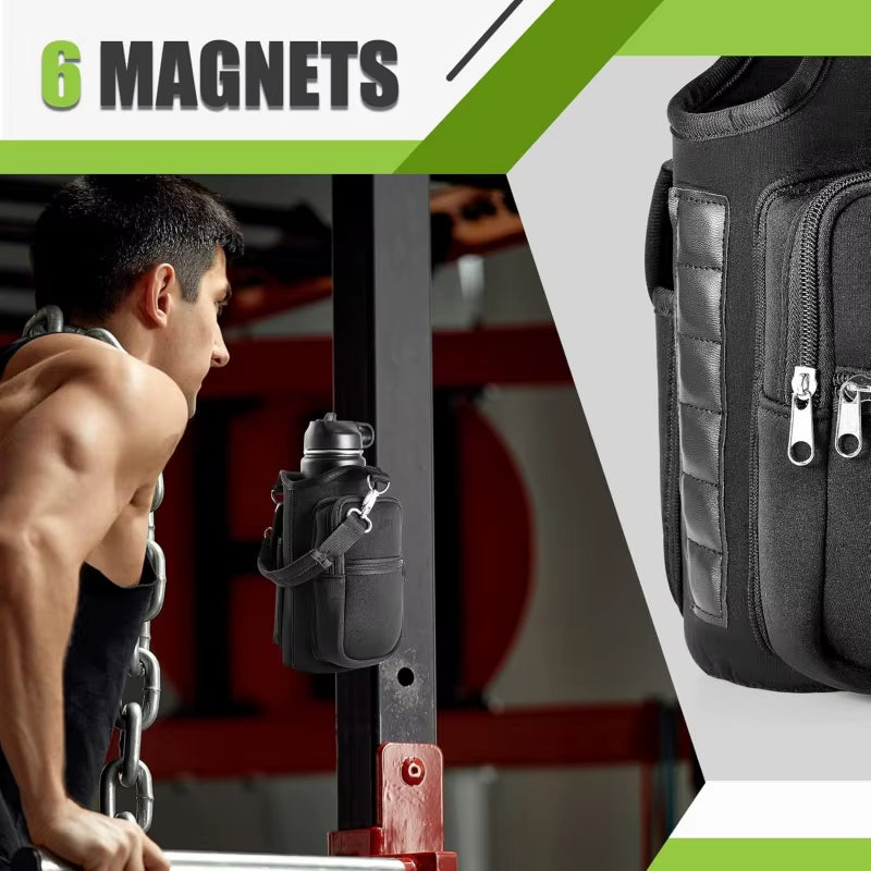 Magnetic Water Bottle Holder with Phone Pocket and Shoulder Strap - Features 6 Built-In Magnets