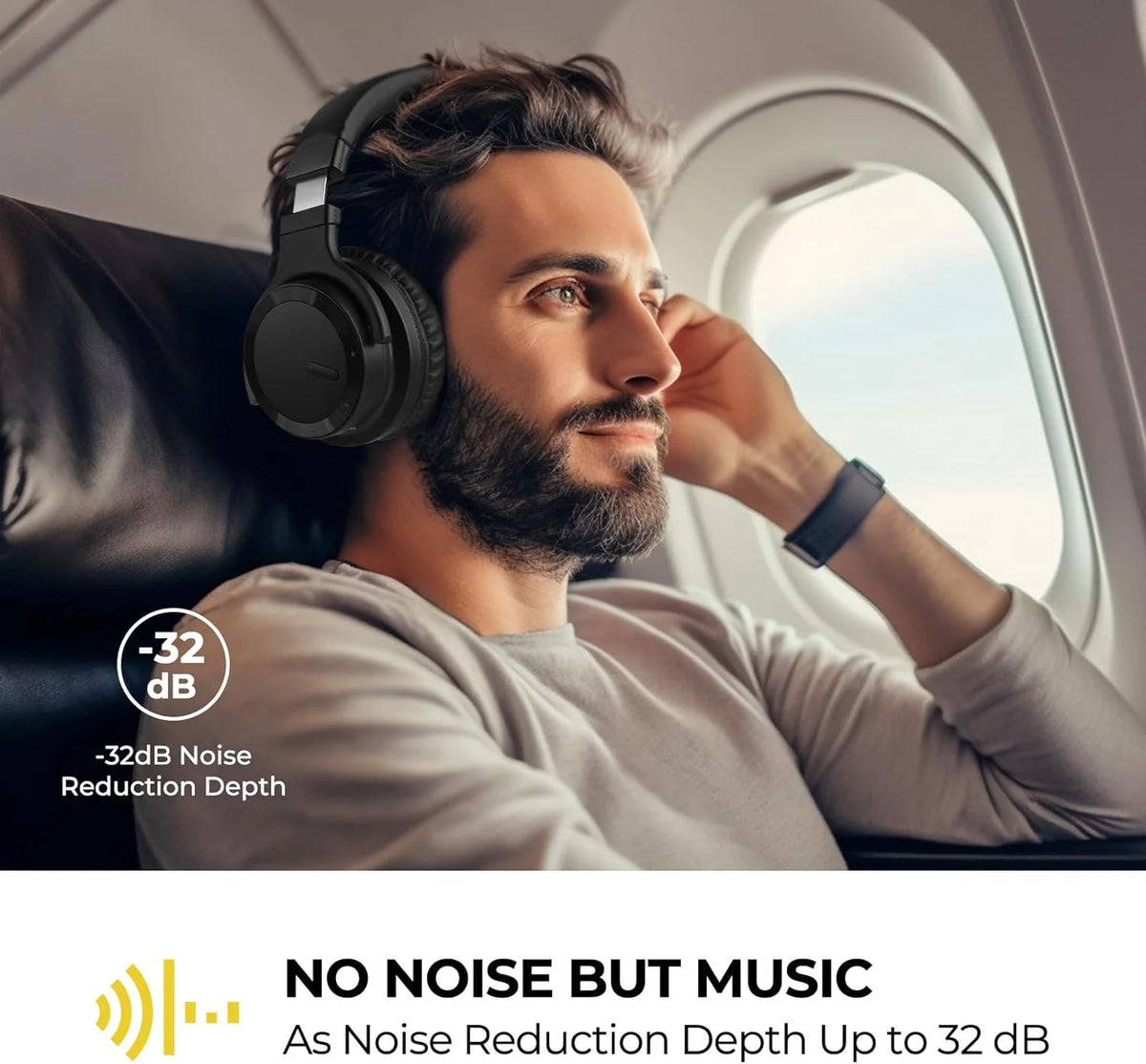 Active Noise Cancelling Wireless Bluetooth Over-Ear Headphones with Microphone, Deep Bass, Comfortable Protein Earpads, 30 Hours Playtime, Ideal for Travel and Work - Black