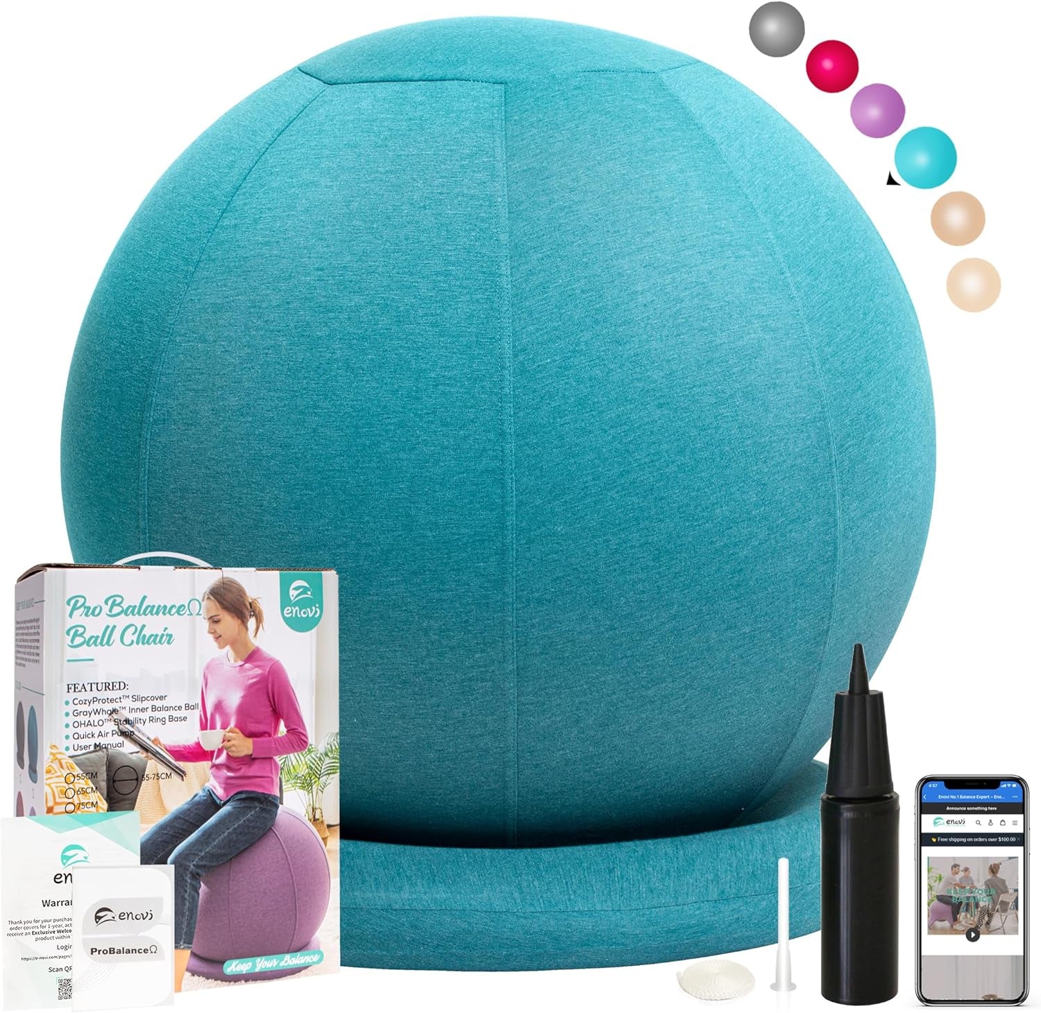 Probalanceω Yoga Ball Chair with Slipcover and Base for Home Office, Pregnancy, and Stability Support - Available in Multiple Colors and Sizes for Back Pain Relief