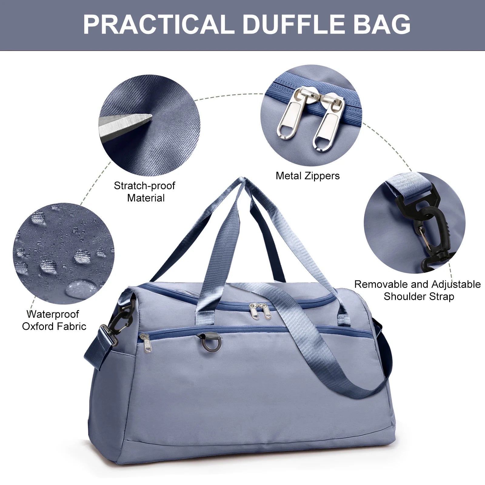 Haze Blue Waterproof Travel Duffle Bag with Shoe Compartment and Wet Pocket for Weekend Getaways, Gym, Sports, and Yoga