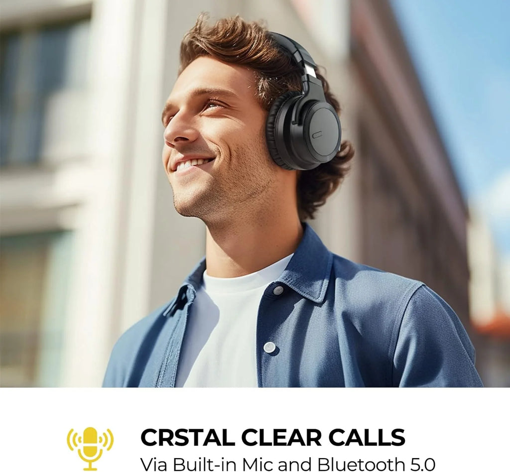 Active Noise Cancelling Wireless Bluetooth Over-Ear Headphones with Microphone, Deep Bass, Comfortable Protein Earpads, 30 Hours Playtime, Ideal for Travel and Work - Black