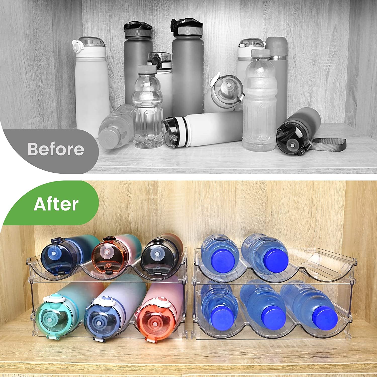 Water Bottle Cabinet Organizer Set - Stackable Storage Racks for Efficient Water Bottle Management (2 Packs)