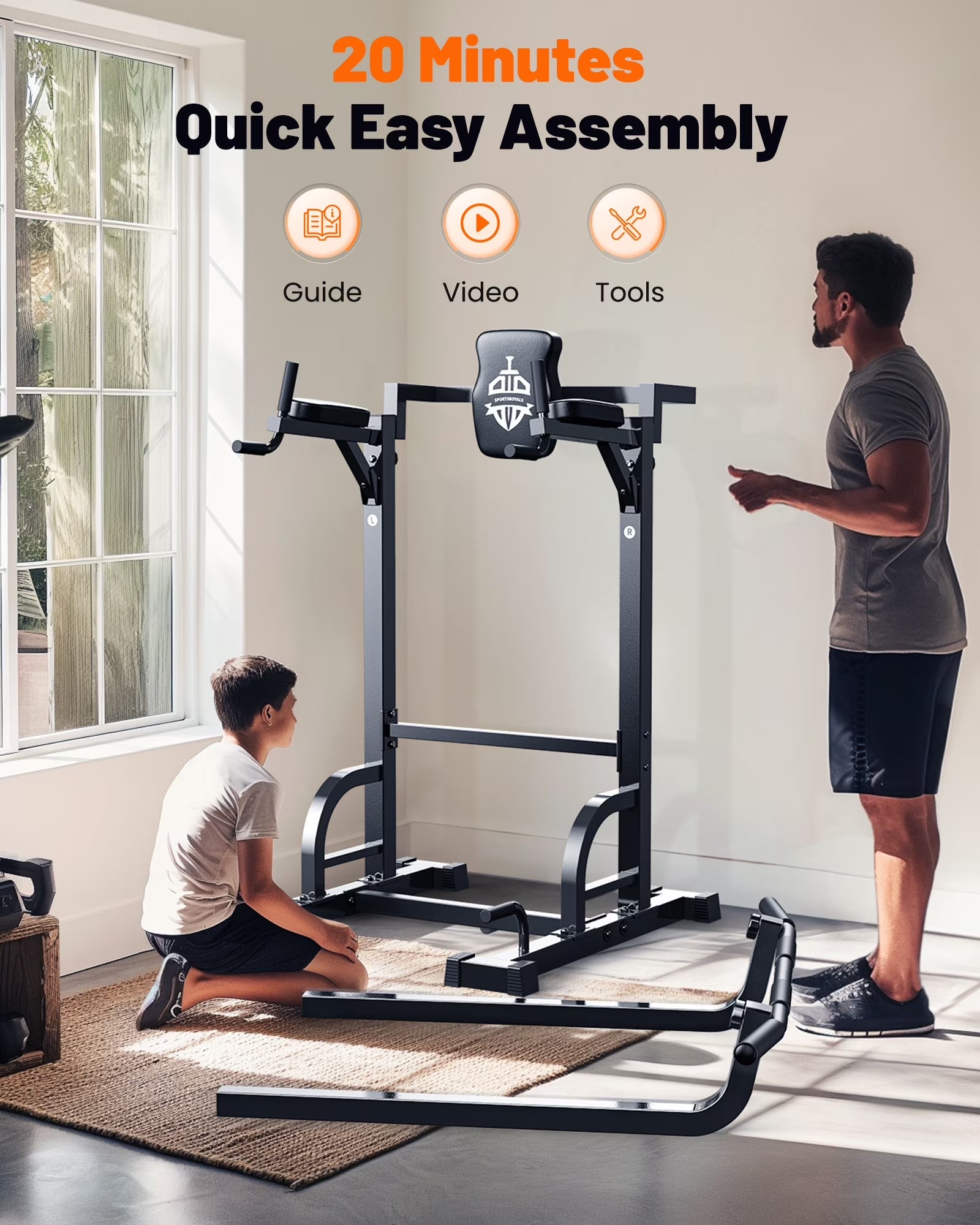 Sportsroyals Adjustable Power Tower - 400 lbs Maximum Weight Capacity, Dip Station, Pull-Up Bar, Power Rack, and Push-Up Resistance Band for Home Gym
