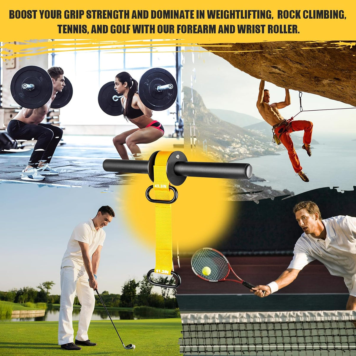 Forearm Strengthener and Wrist Roller with Ultra-Strong Nylon Webbing | Adjustable Lengths of 43.3" and 51.2" Featuring Dual Buckles, Quick Locking Mechanism, and Anti-Slip Grip Handles for Enhanced Strength Training