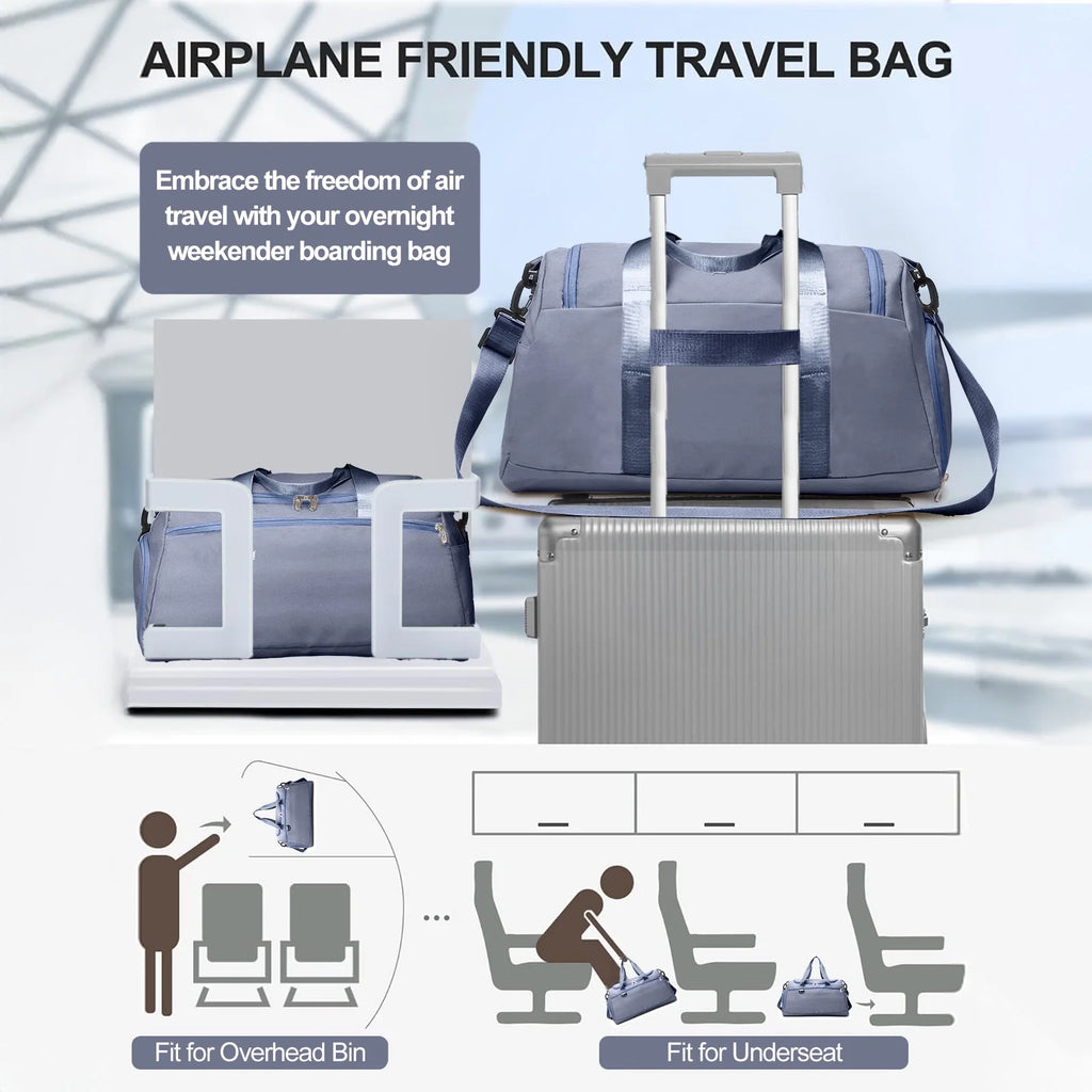 Haze Blue Waterproof Travel Duffle Bag with Shoe Compartment and Wet Pocket for Weekend Getaways, Gym, Sports, and Yoga