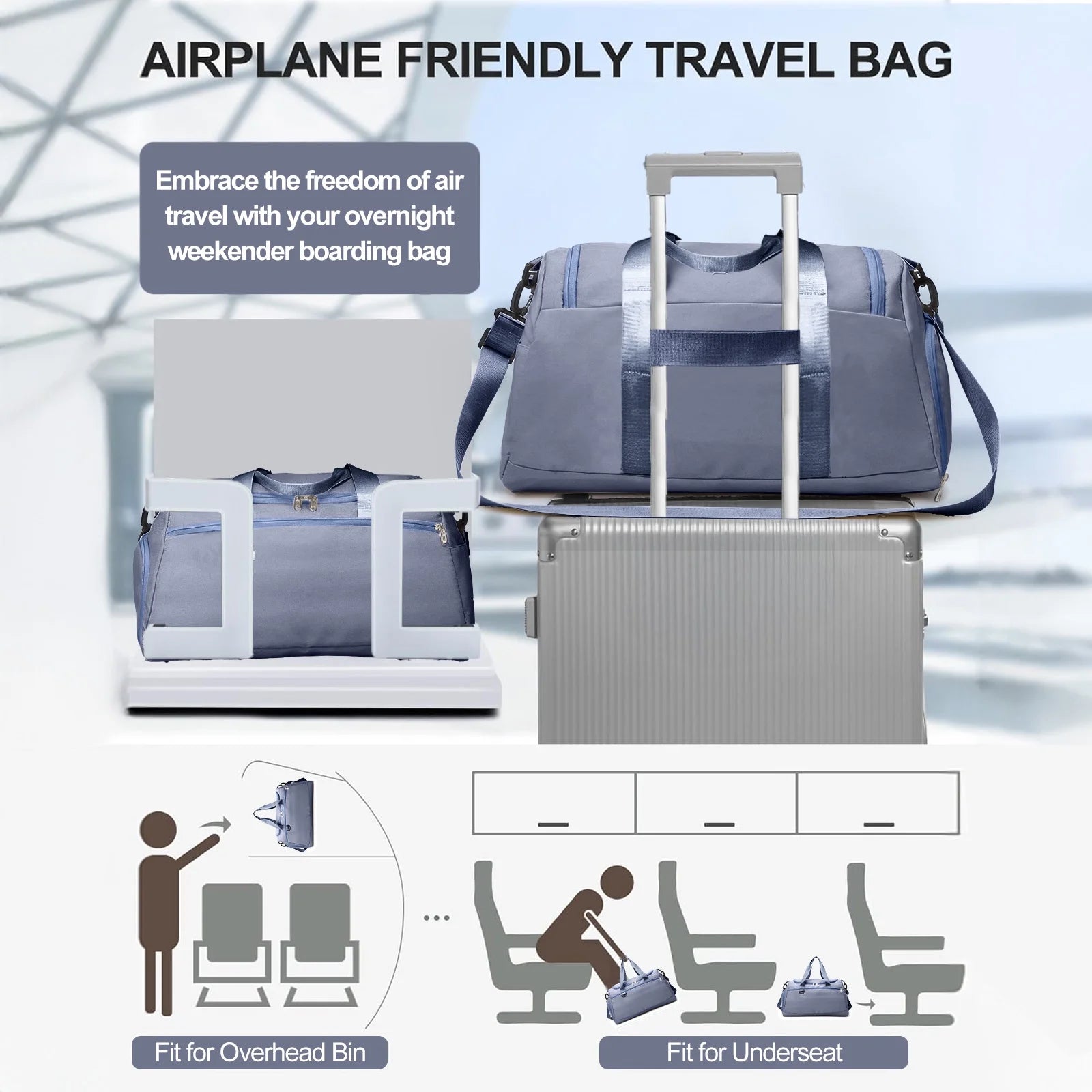 Haze Blue Waterproof Travel Duffle Bag with Shoe Compartment and Wet Pocket for Weekend Getaways, Gym, Sports, and Yoga