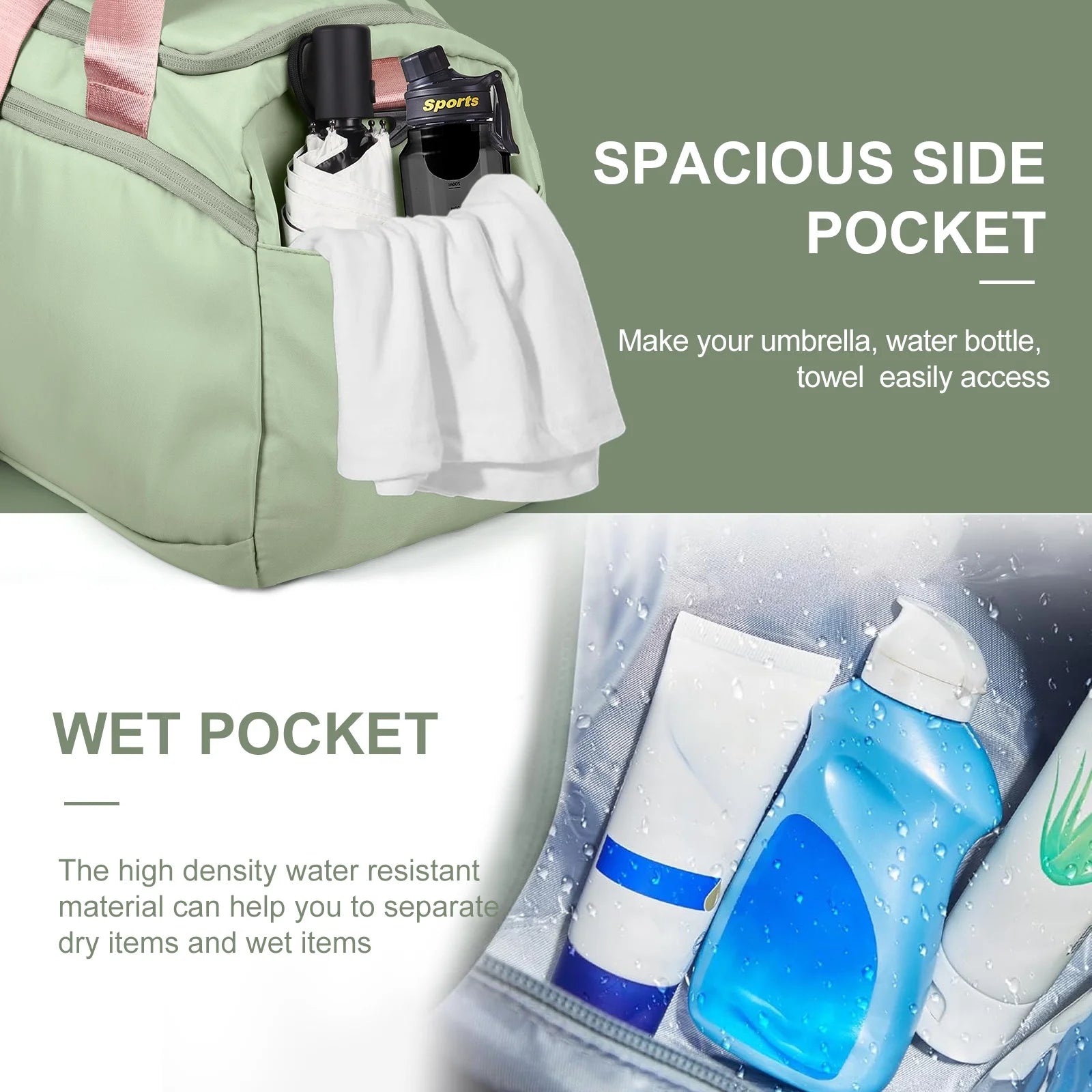 Premium Waterproof Travel Duffle Bag with Shoe Compartment and Wet Pocket for Gym, Sports, Weekend Getaways, and Yoga - Green