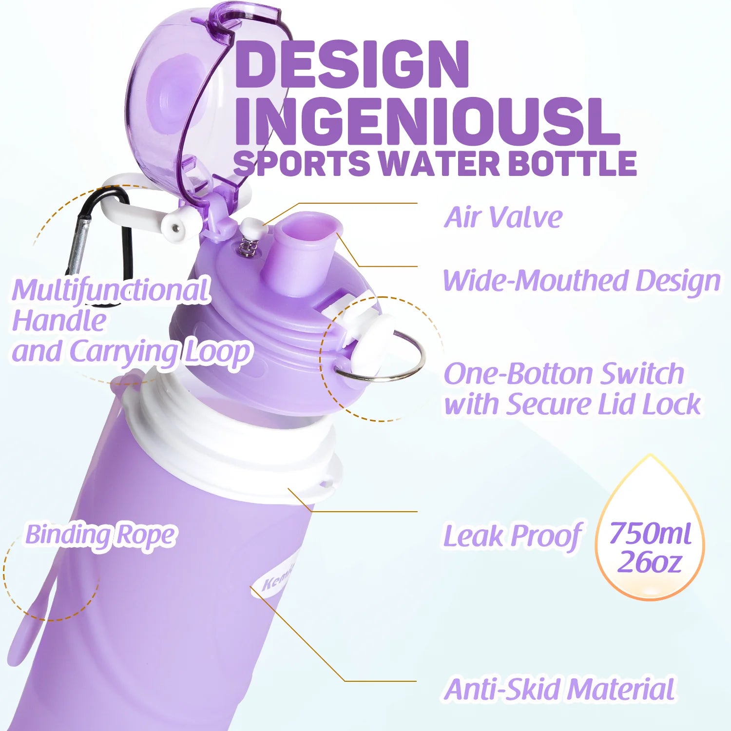 Collapsible Silicone Water Bottle - 750ml, Medical Grade, BPA-Free, Roll-Up Design, 26oz, Leak-Proof, Foldable for Sports and Outdoor Use