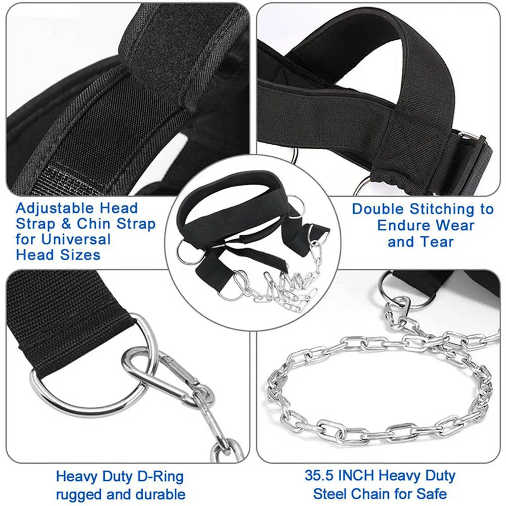 Neck Training Harness for Strength Development - Adjustable Steel Chain and Strap for Enhanced Muscle Strength