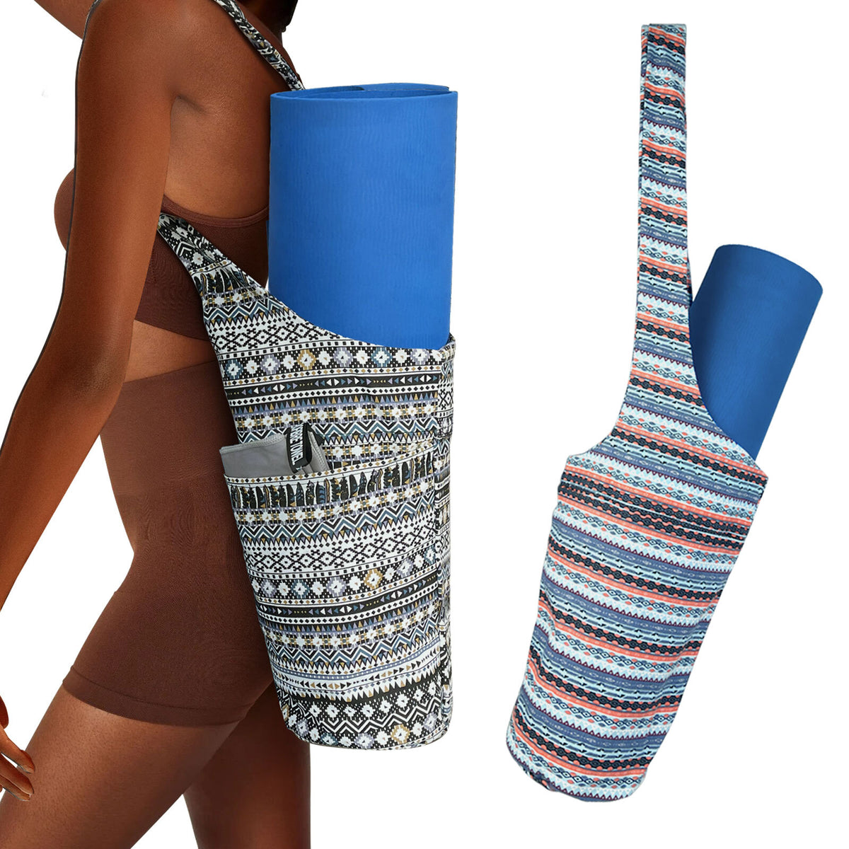 Yoga Mat Carrier Bag with Large Side Pocket and Long Strap - Fits Most Sizes