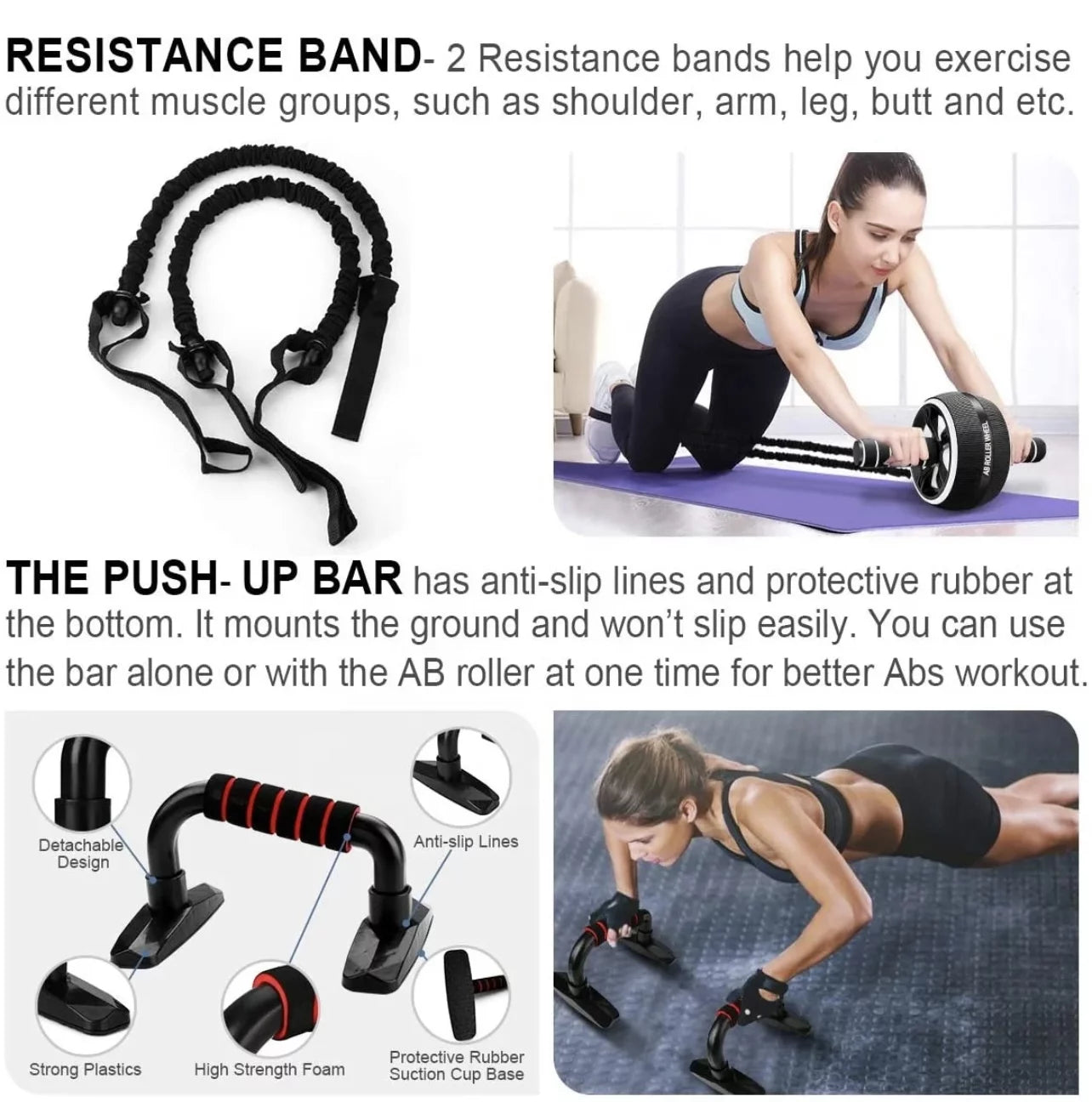 17-in-1 Ab Roller Wheel Workout Kit with Resistance Bands, Knee Mat, Jump Rope, and Push-Up Bar for Core Strength Training at Home and Gym - Unisex Black