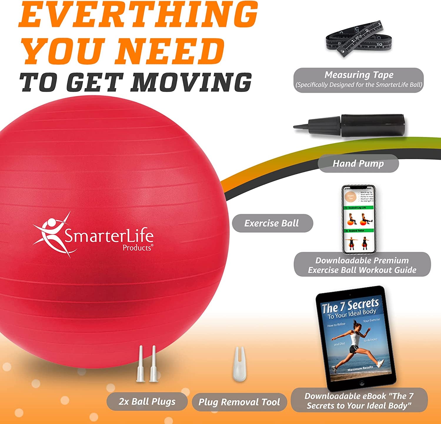 Smarterlife Premium Exercise and Yoga Ball for Fitness, Balance, Stability, and Pregnancy - Anti-Slip, Anti-Burst Gym Ball for Core Workouts, Physical Therapy, and Office Use
