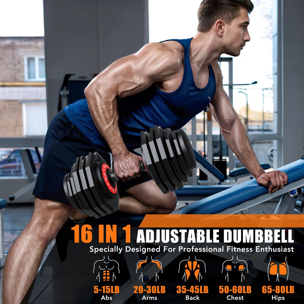 Adjustable Dumbbell Set - 160 lbs (80 lbs x 2) with 16 Weight Configurations for Comprehensive Home Workouts