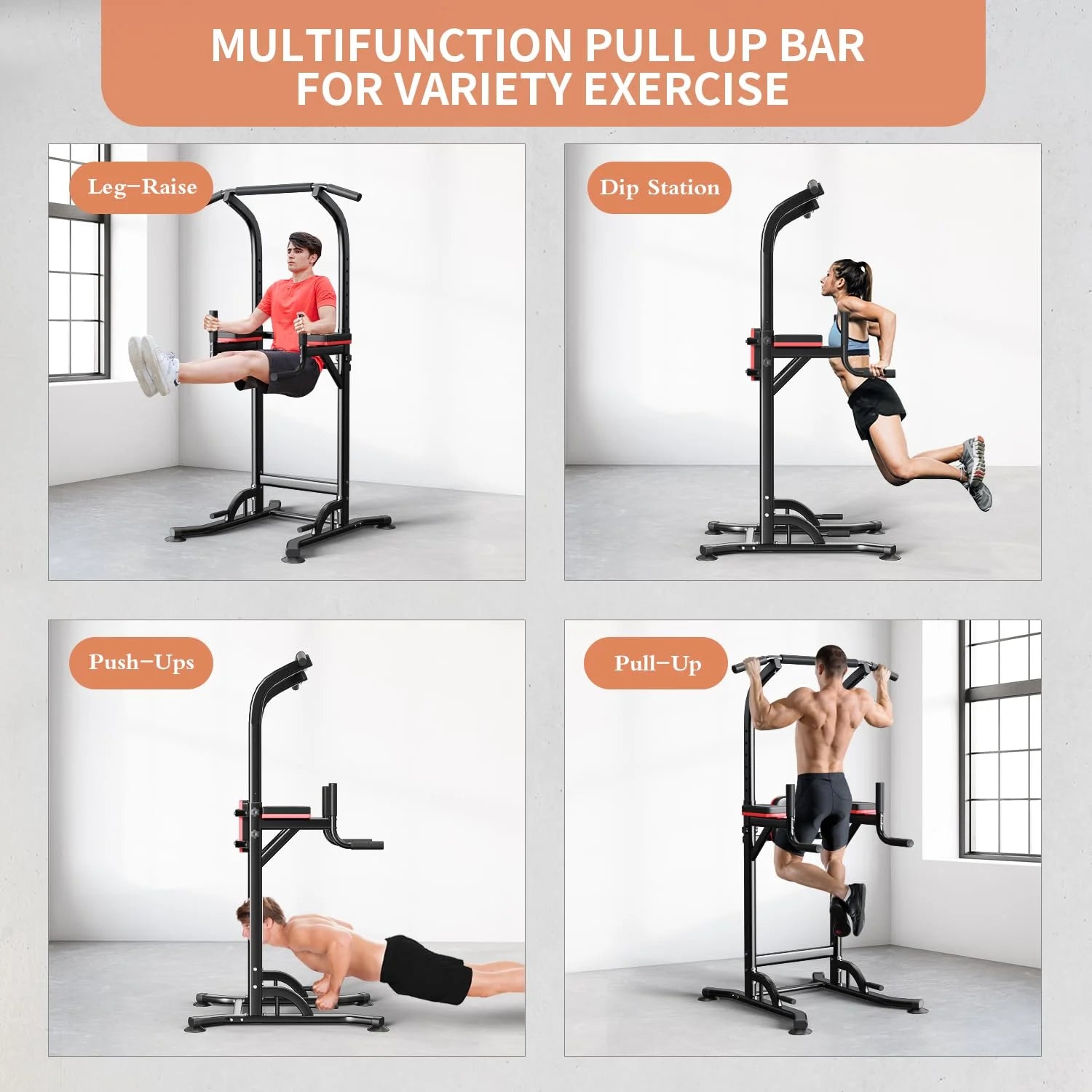 Height-Adjustable Pull-Up Bar and Dip Station - Steel Strength Training Equipment for Home Fitness