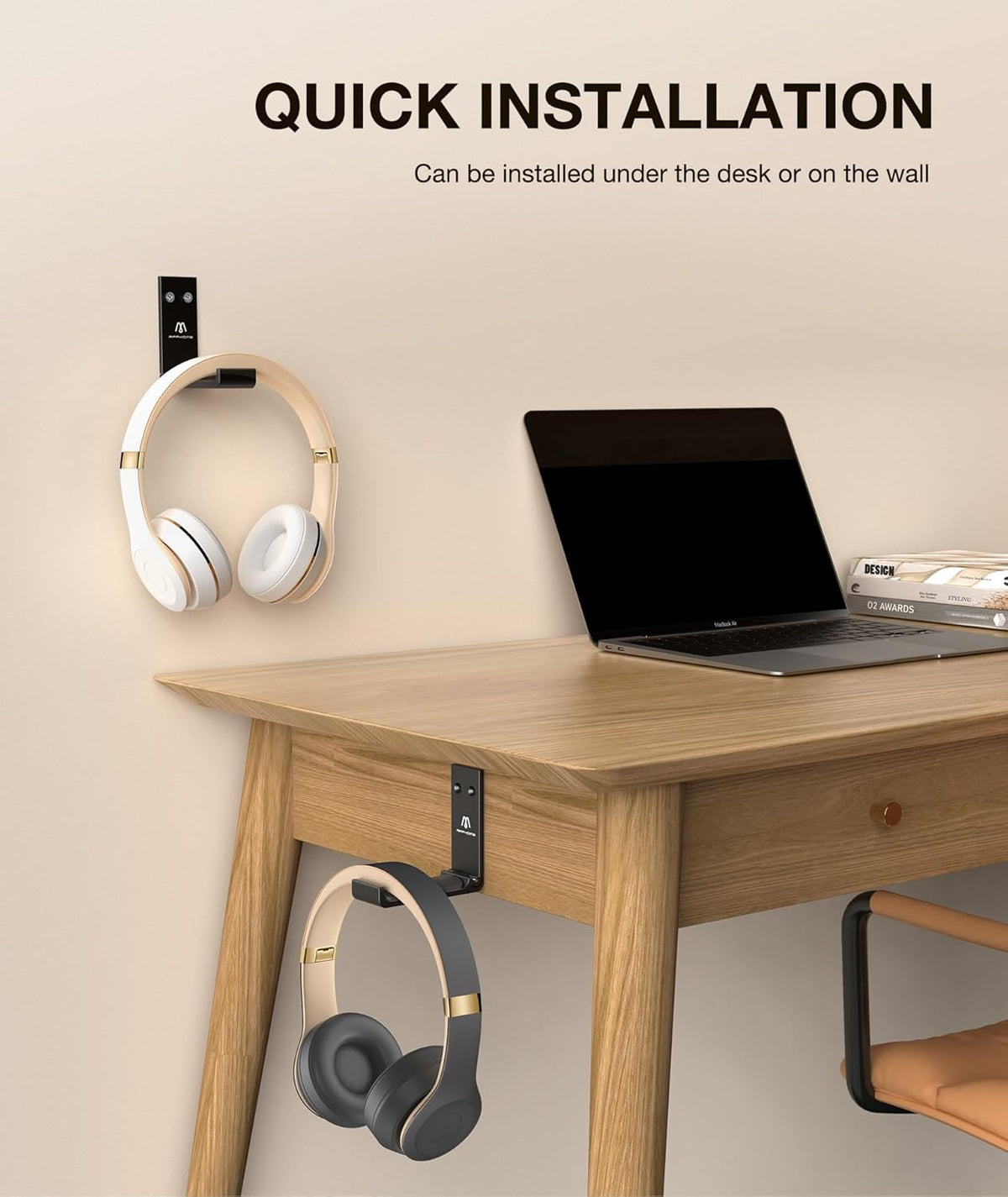 Foldable Aluminum Headphone Stand and Headset Holder Mount with No-Scratch Silicone Pad, Strong Adhesive Gaming Headset Hanger for PC, Home, and Office Use