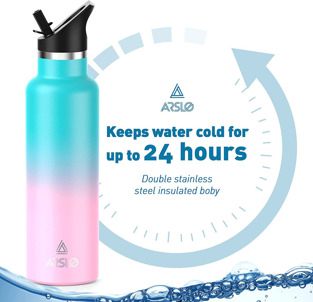Premium Stainless Steel Double Wall Vacuum Insulated Water Bottle with Straw Lid - Keeps Beverages Cold for 24 Hours and Hot for 12 Hours, Ideal for Hiking and Sports Activities