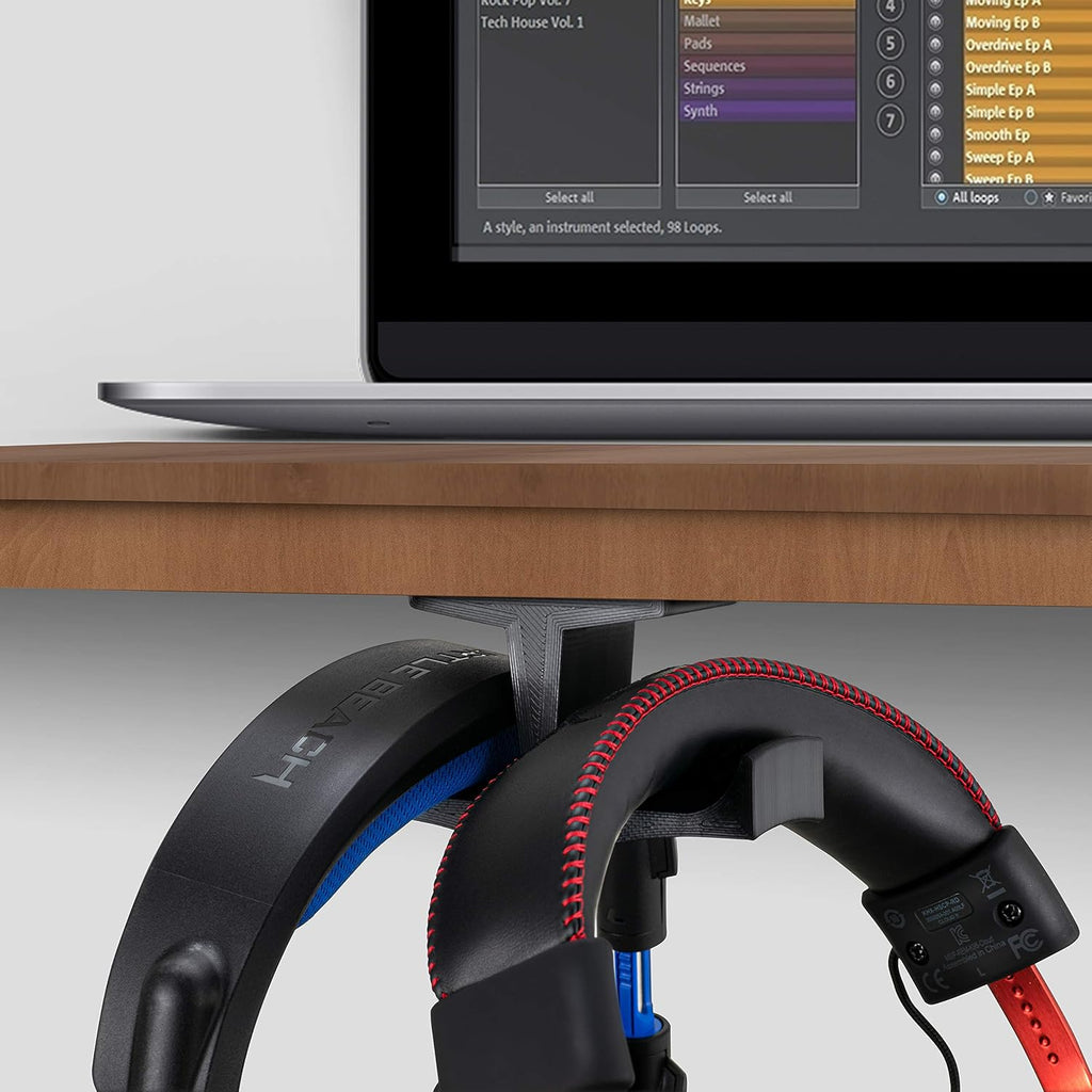 Bigt Dual Headphone Stand (2-Pack) - Under Desk Hanger for Headphones, Gaming Headsets, and Mobile Accessories, Adhesive Installation, No Screws, Black