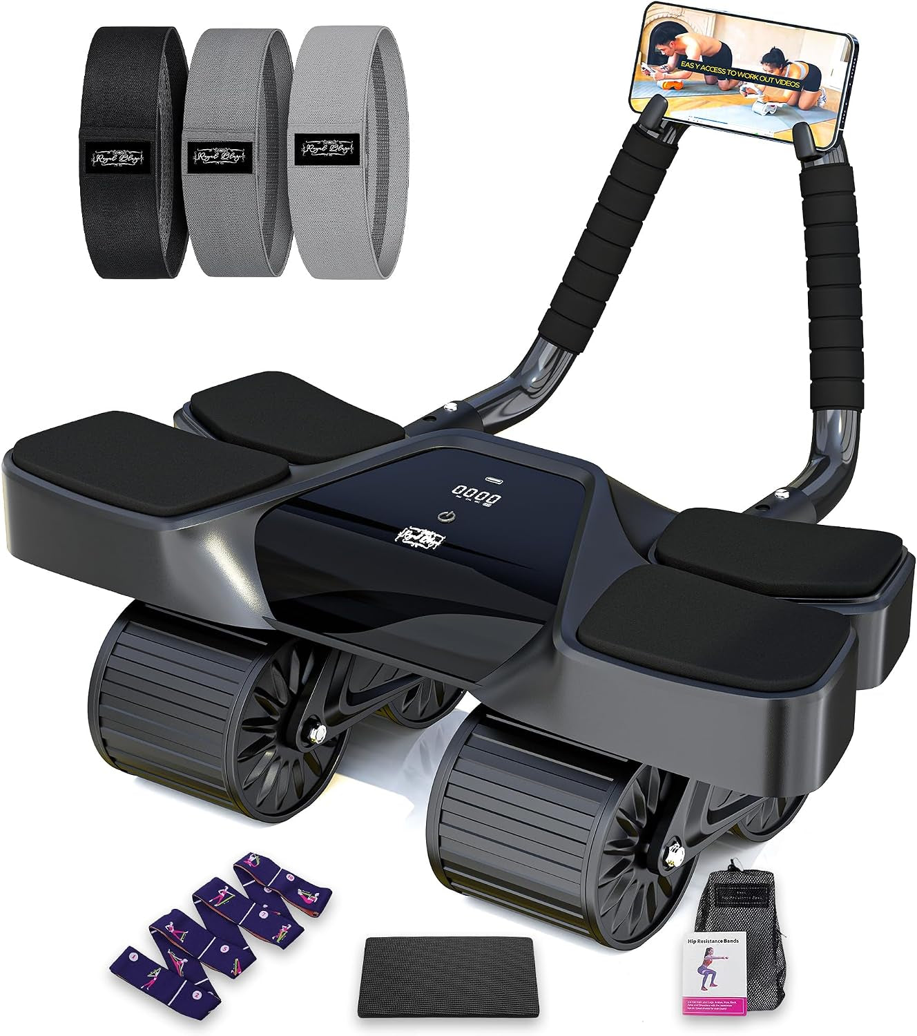 Ab Roller Home Gym Equipment with 4-Wheel Muscle Roller, Automatic Rebound, Yoga Stretching Strap, 3 Resistance Bands, Comfortable Elbow Support, Non-Slip Handles, and Built-In Workout Tracker