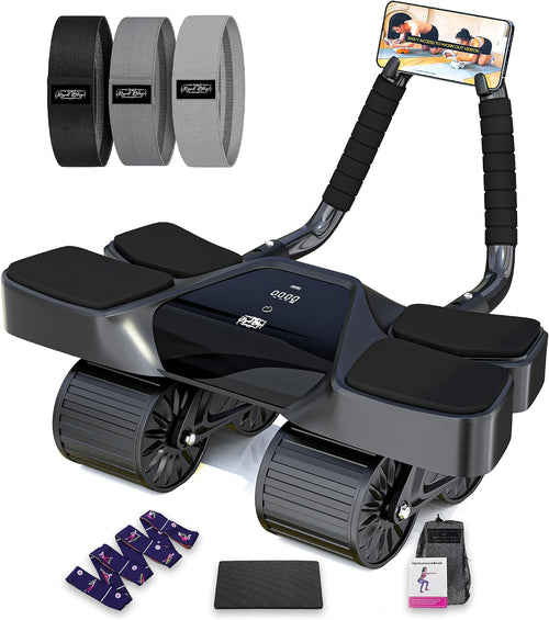 Ab Roller Home Gym Equipment with 4-Wheel Muscle Roller, Automatic Rebound, Yoga Stretching Strap, 3 Resistance Bands, Comfortable Elbow Support, Non-Slip Handles, and Built-In Workout Tracker