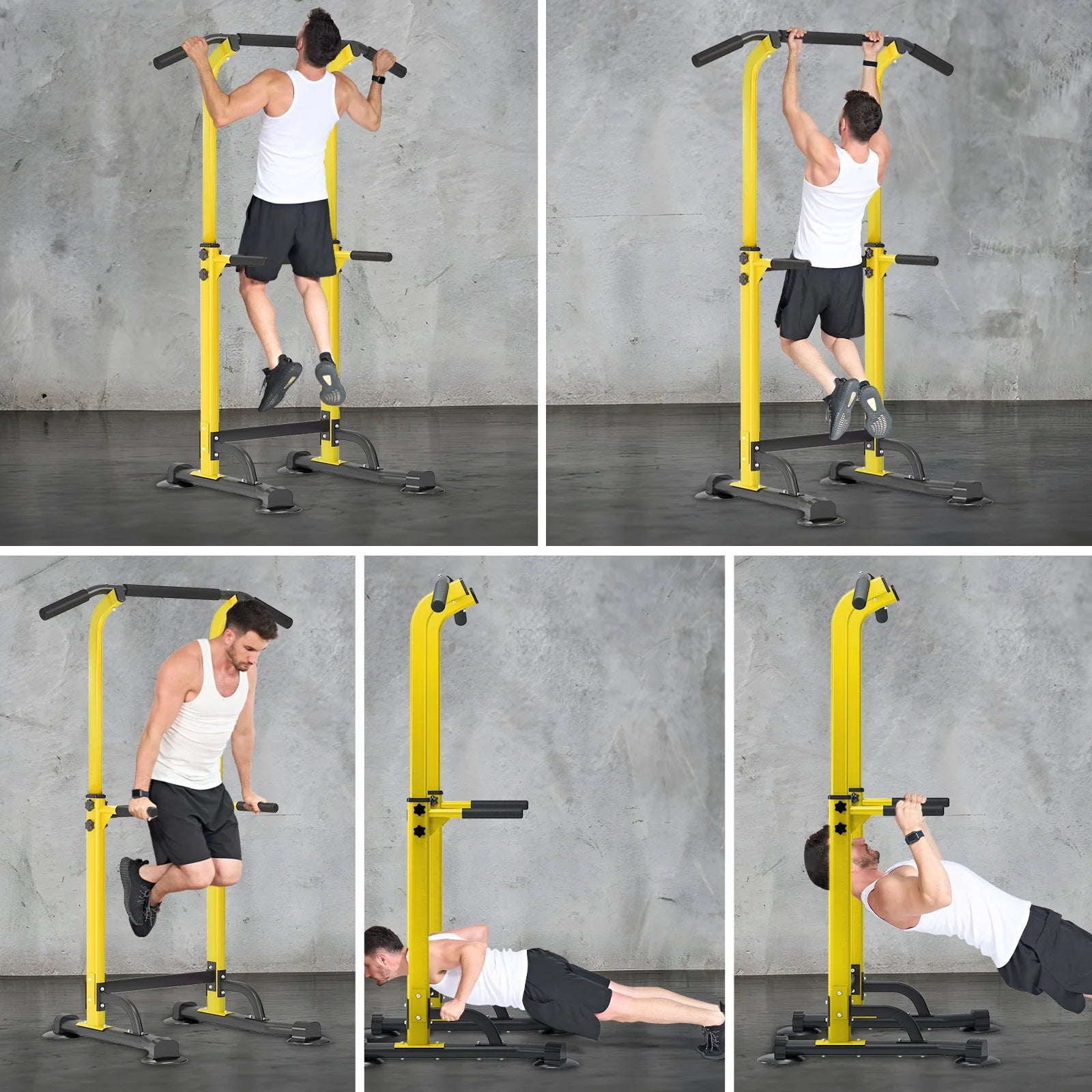 Height Adjustable Power Tower with Dip Stands and Pull-Up Bar for Home Gym - Yellow