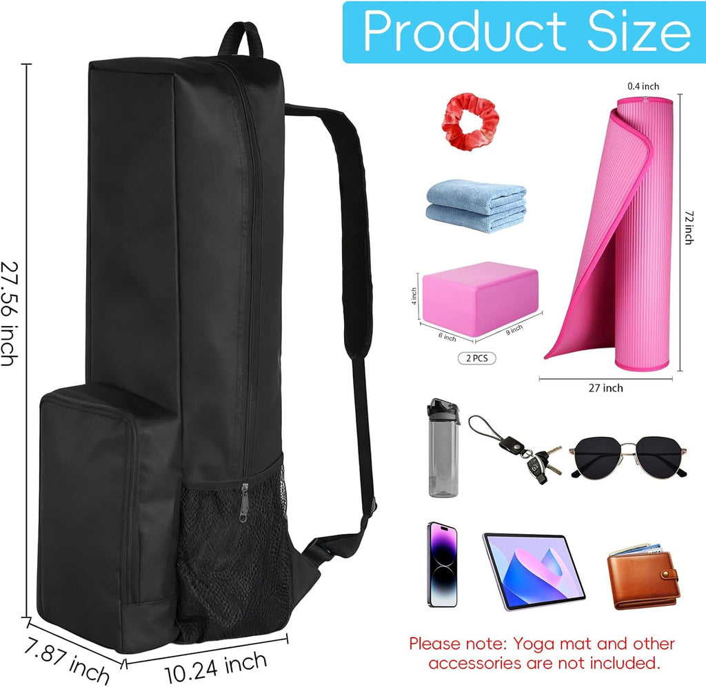 Yoga Mat Carrier Bag with Pockets and Adjustable Strap - Lightweight Waterproof Backpack for Yoga Mats and Accessories for Men and Women (Black)