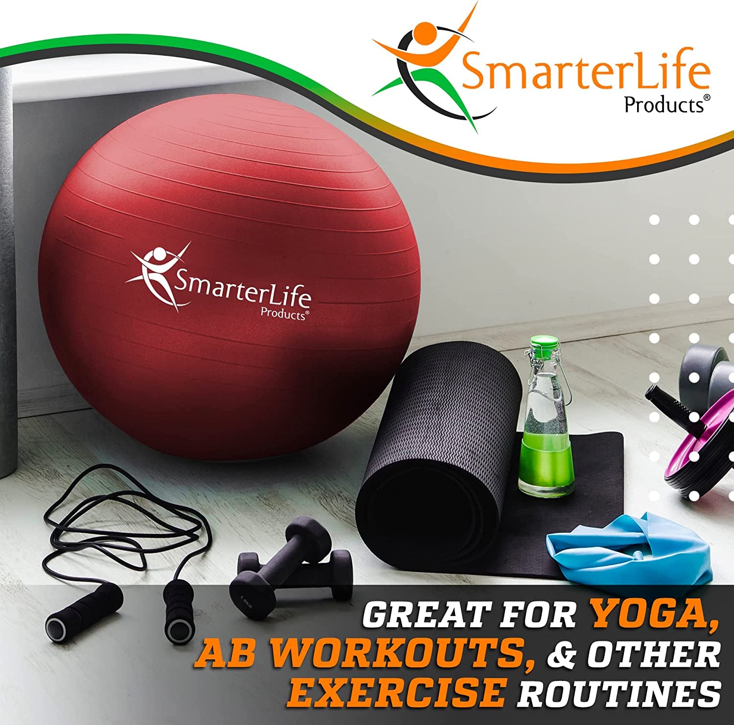 Smarterlife Premium Exercise and Yoga Ball for Fitness, Balance, Stability, and Pregnancy - Anti-Slip, Anti-Burst Gym Ball for Core Workouts, Physical Therapy, and Office Use