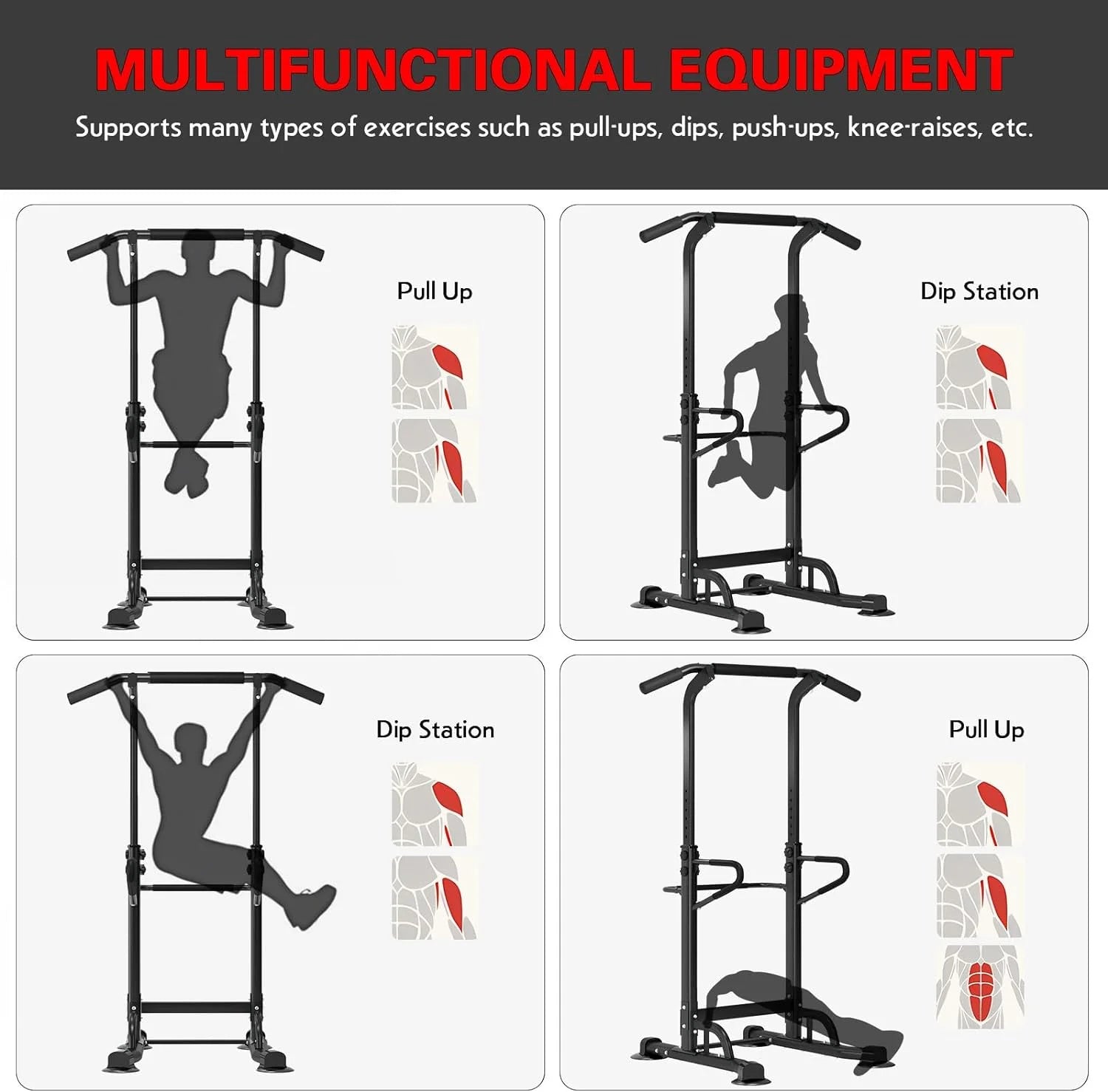 Multi-Function Power Tower Dip Station and Pull-Up Bar for Strength Training - Home and Office Gym Equipment, Black, 330 lbs Capacity