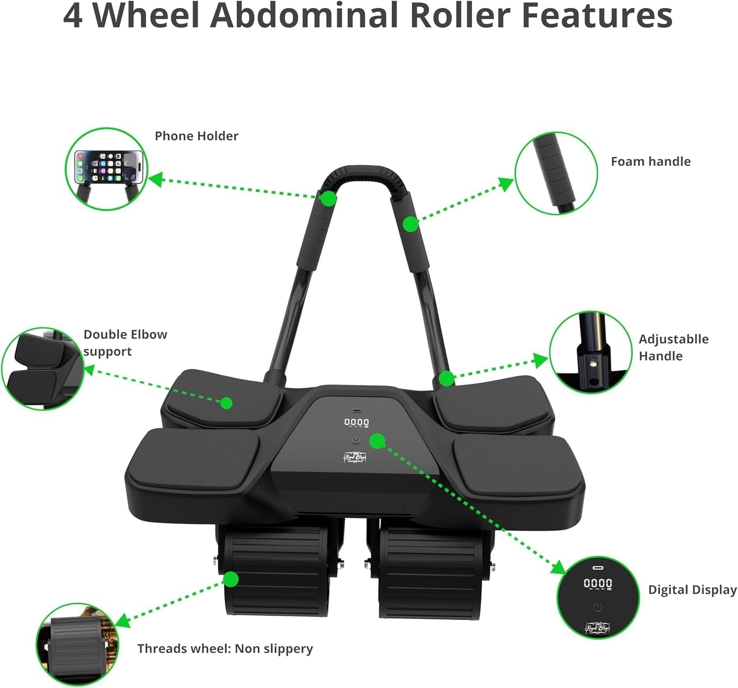 Ab Roller Home Gym Equipment with 4-Wheel Muscle Roller, Automatic Rebound, Yoga Stretching Strap, 3 Resistance Bands, Comfortable Elbow Support, Non-Slip Handles, and Built-In Workout Tracker