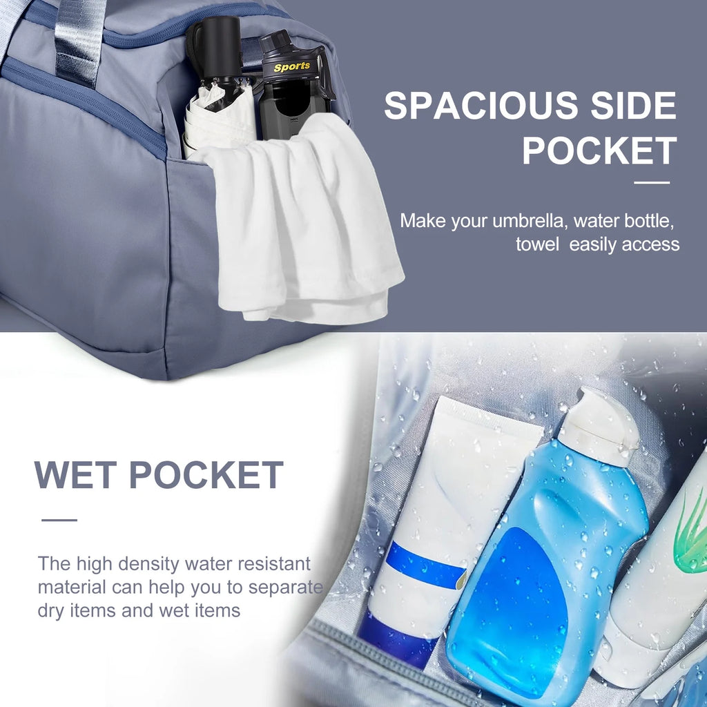 Haze Blue Waterproof Travel Duffle Bag with Shoe Compartment and Wet Pocket for Weekend Getaways, Gym, Sports, and Yoga