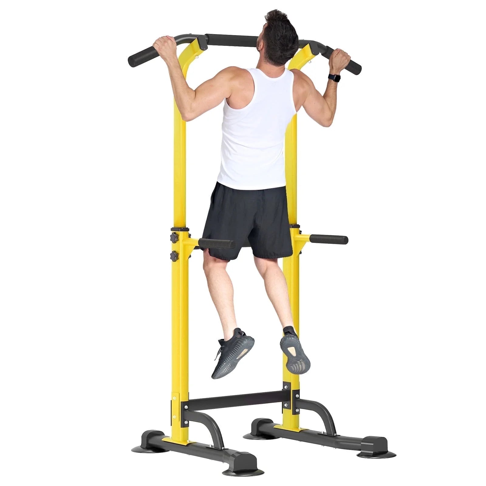 Height Adjustable Power Tower with Dip Stands and Pull-Up Bar for Home Gym - Yellow
