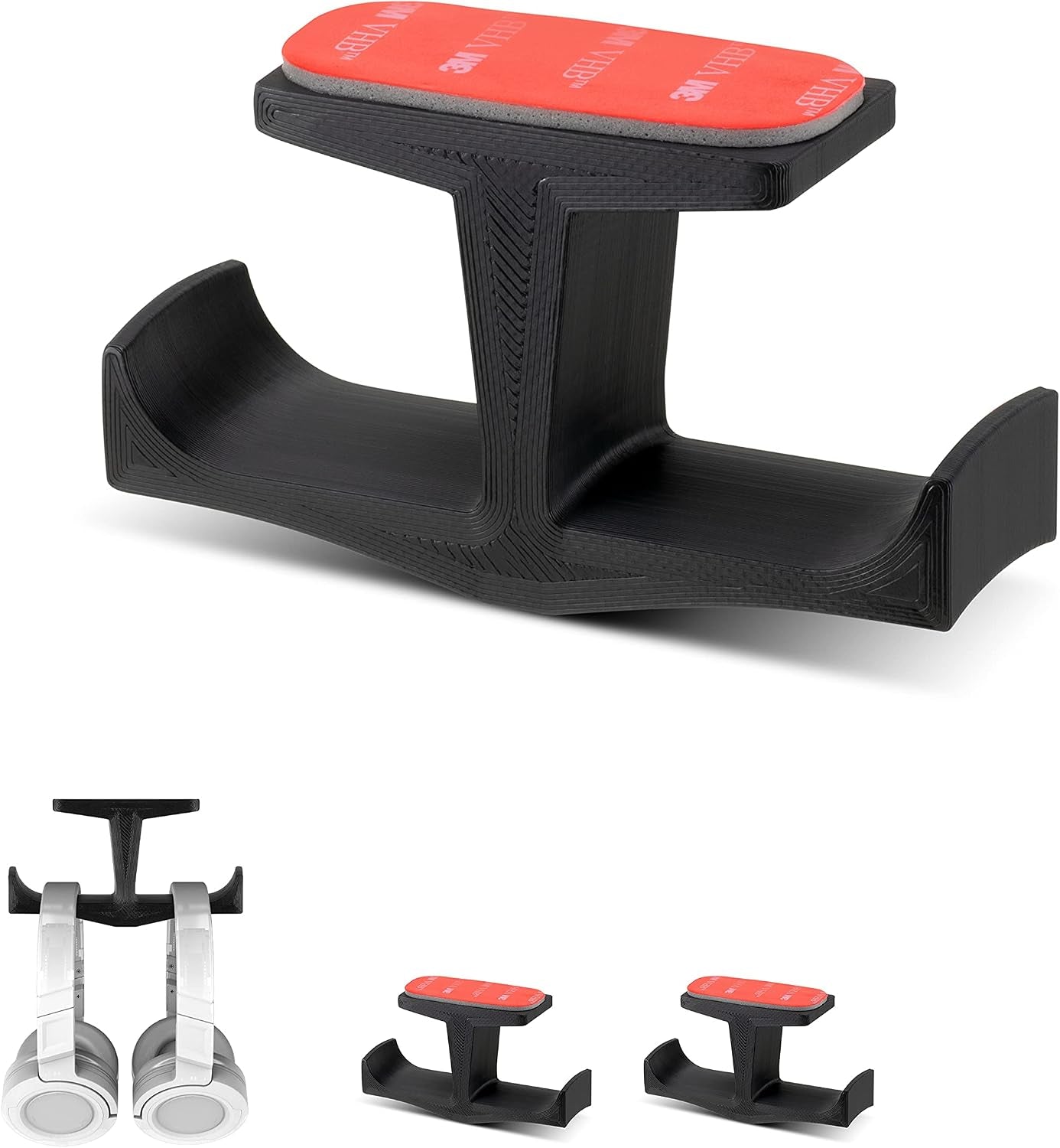 Bigt Dual Headphone Stand (2-Pack) - Under Desk Hanger for Headphones, Gaming Headsets, and Mobile Accessories, Adhesive Installation, No Screws, Black