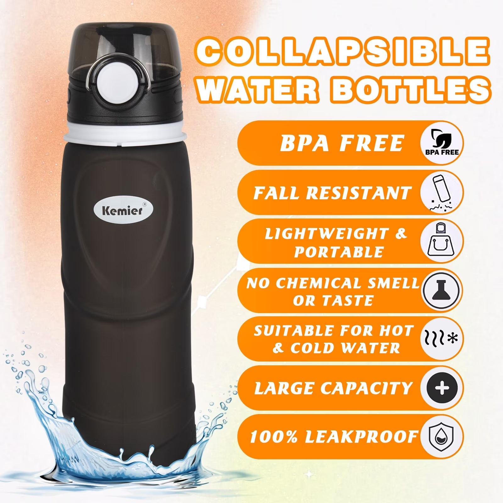 Collapsible Silicone Water Bottle - 750ML Leakproof, BPA-Free, Reusable Travel Bottle for Sports, Outdoor Activities, Gym, Camping, and Hiking