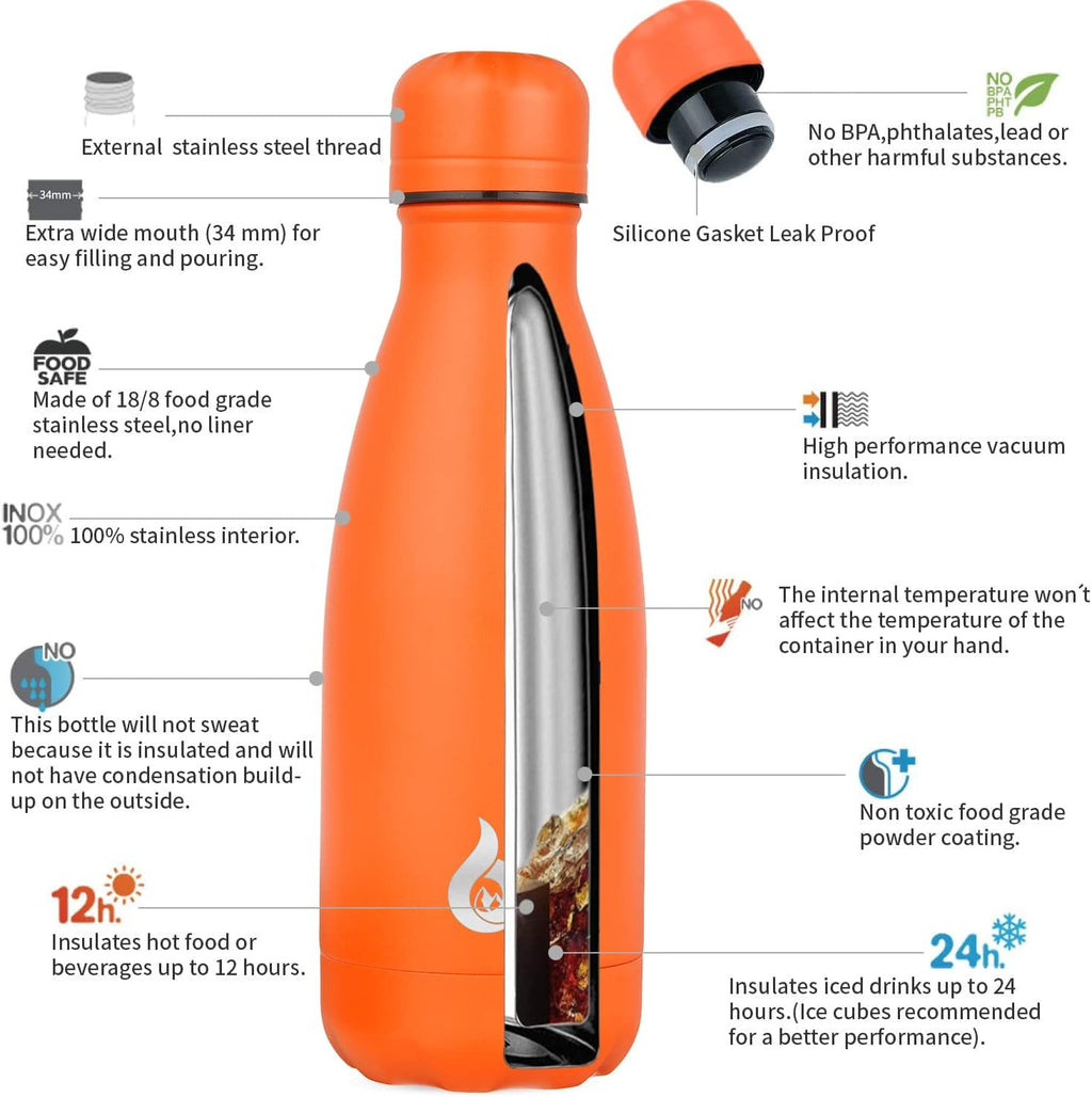 12 Oz Stainless Steel Insulated Water Bottle - Leak Proof Design