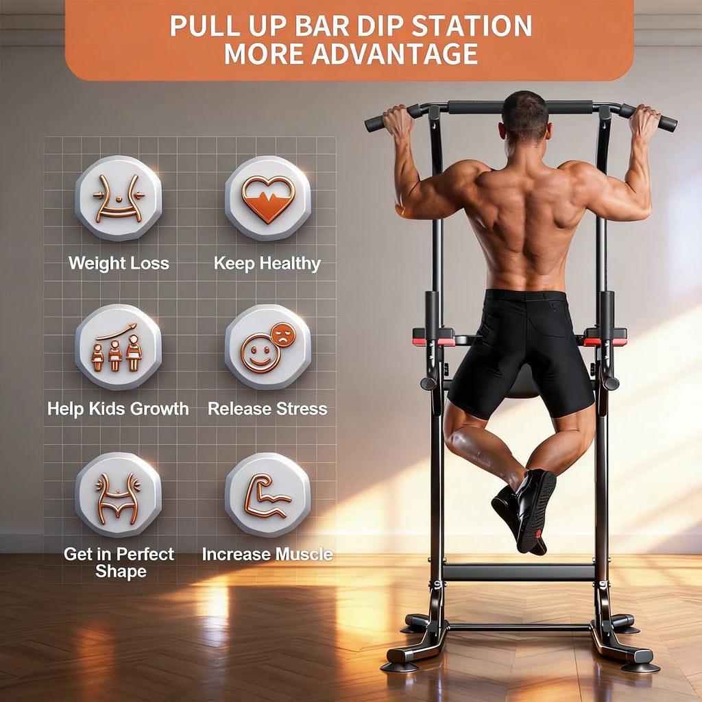 Height-Adjustable Pull-Up Bar and Dip Station - Steel Strength Training Equipment for Home Fitness