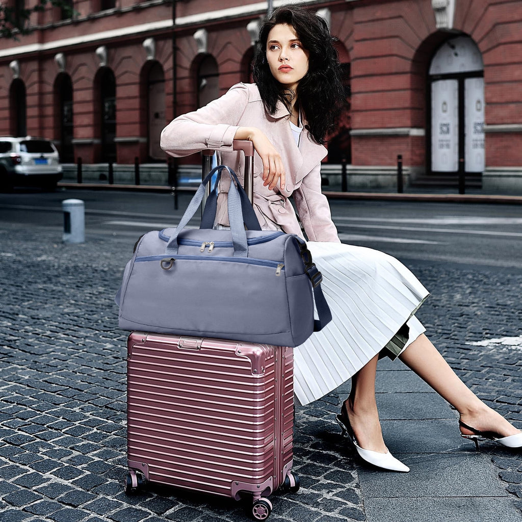 Haze Blue Waterproof Travel Duffle Bag with Shoe Compartment and Wet Pocket for Weekend Getaways, Gym, Sports, and Yoga
