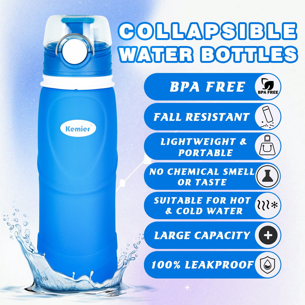 Premium Collapsible Silicone Water Bottle - 750ML Leakproof, BPA-Free, Ideal for Travel, Fitness, Hiking, and Outdoor Activities