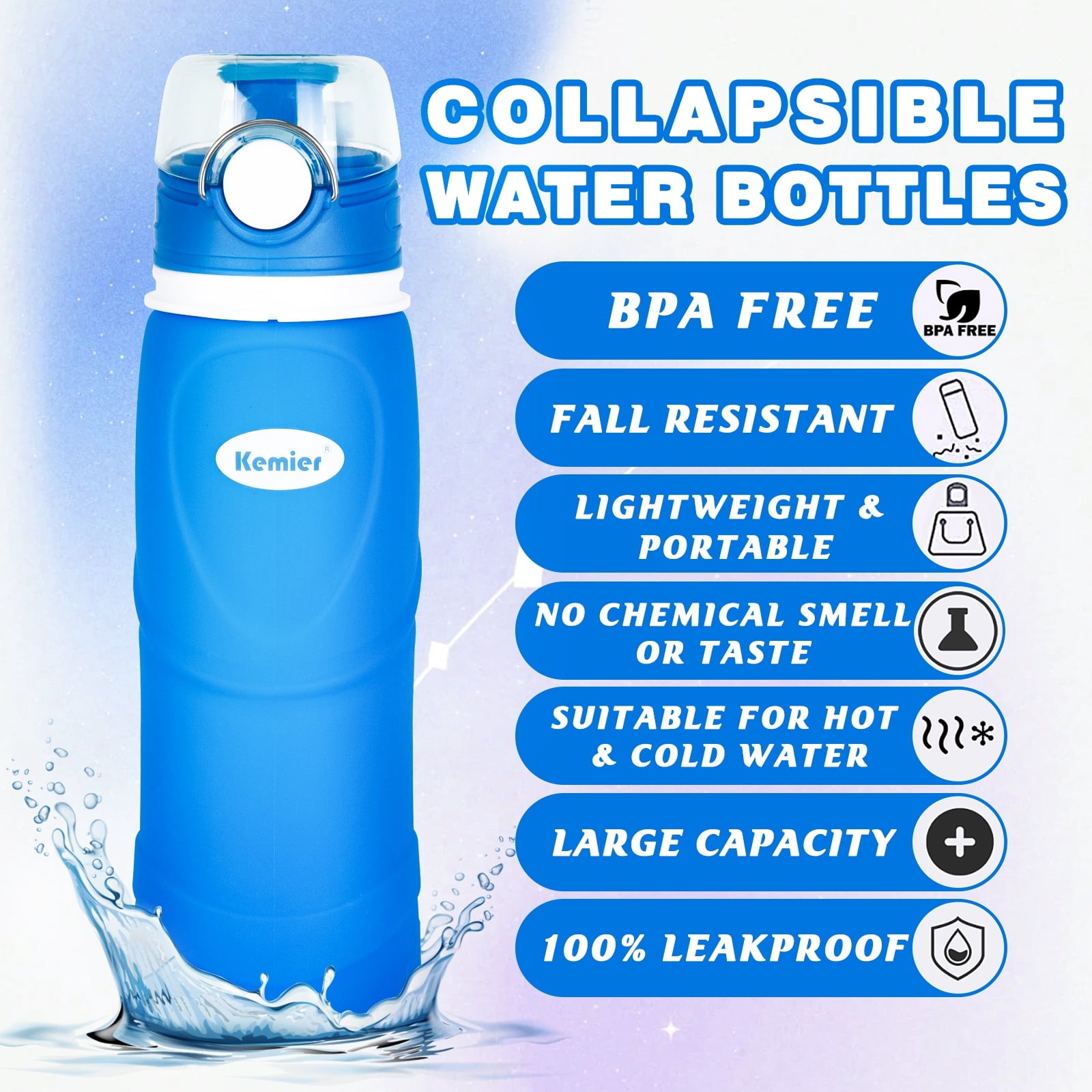 Premium Collapsible Silicone Water Bottle - 750ML Leakproof, BPA-Free, Ideal for Travel, Fitness, Hiking, and Outdoor Activities