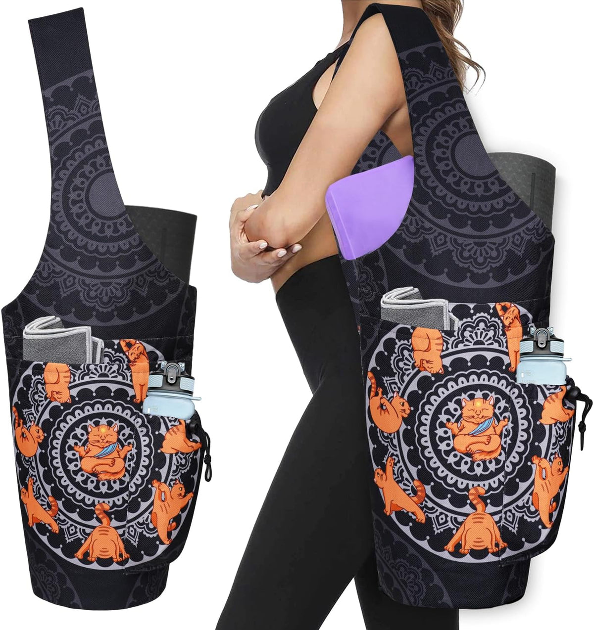 Yoga Mat Carrier Bag - Spacious Tote with Waterproof Zipper Pocket and Drawstring Water Bottle Holder, Compatible with Most Yoga Mat Sizes