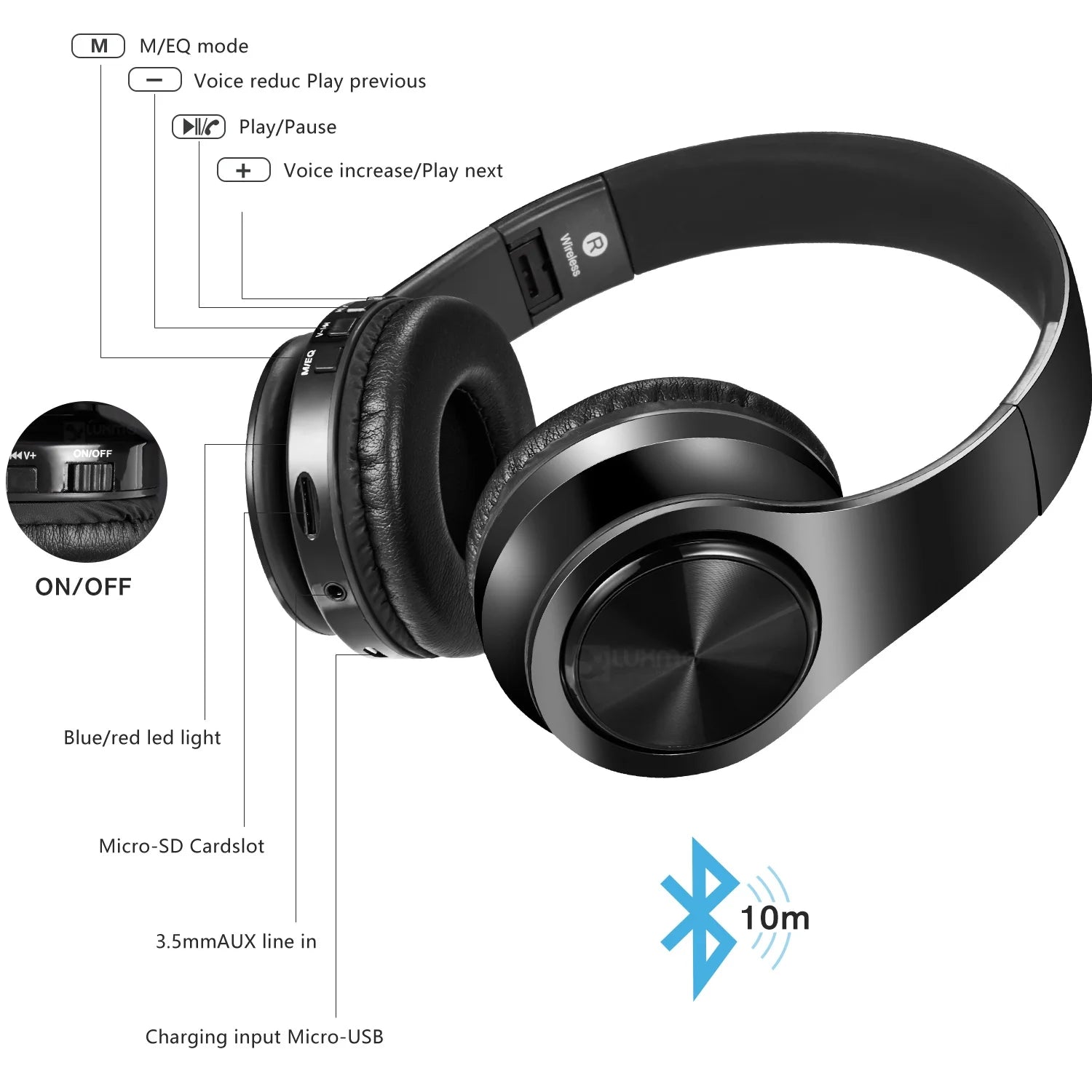 LUXMO Wireless Over-Ear Bluetooth Headphones with Noise Cancelling, Foldable Stereo Design, Integrated Microphone, Rechargeable for PC, Laptops, and Smartphones