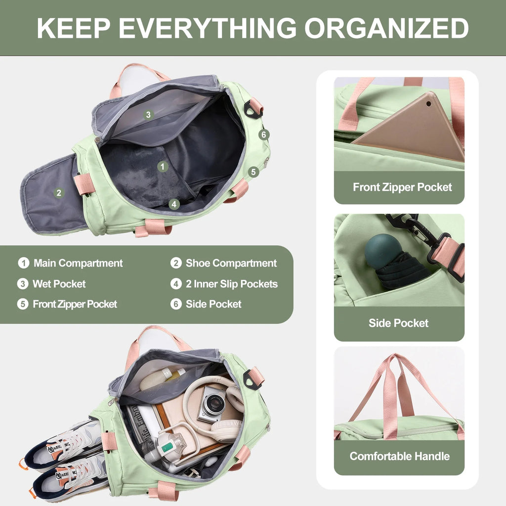 Premium Waterproof Travel Duffle Bag with Shoe Compartment and Wet Pocket for Gym, Sports, Weekend Getaways, and Yoga - Green
