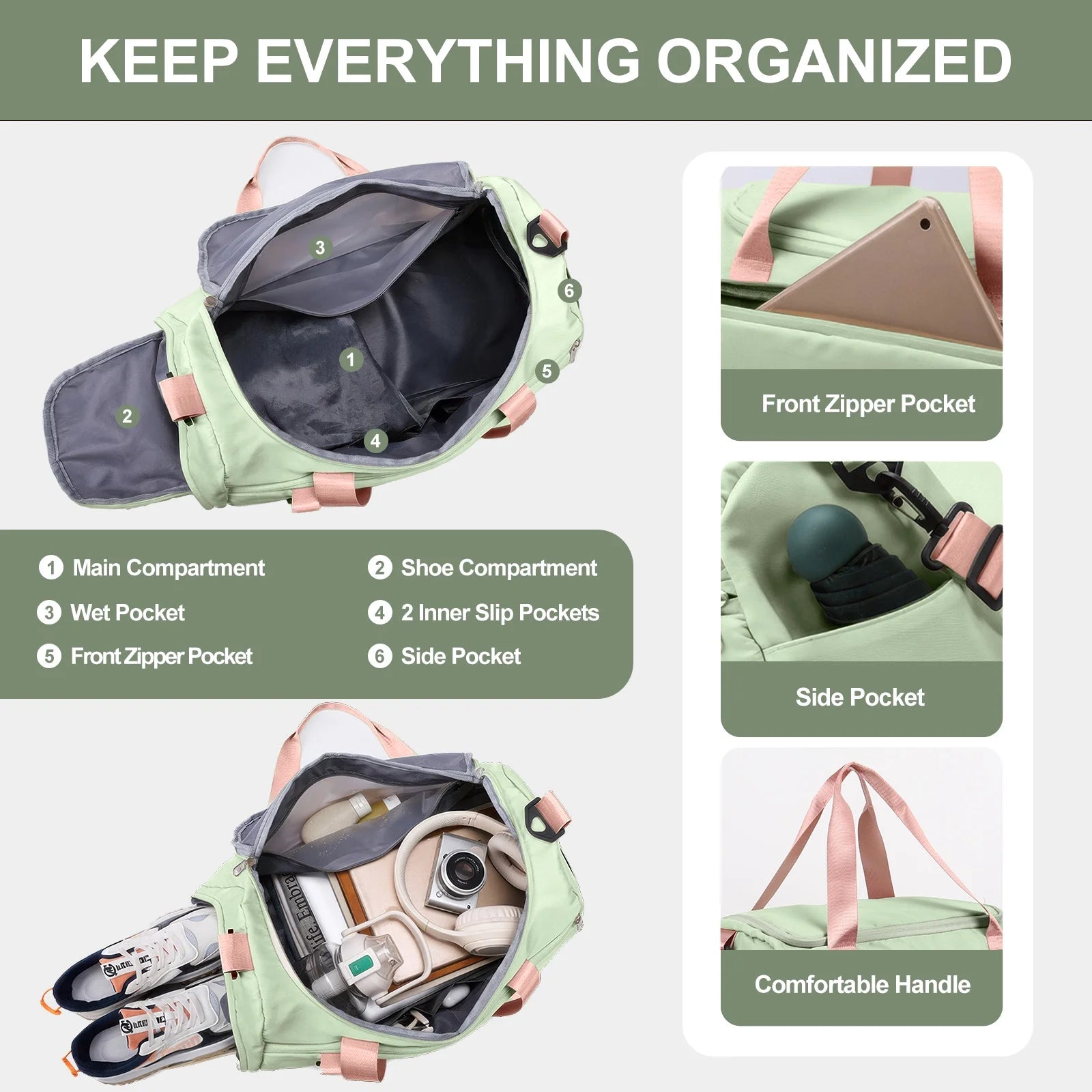 Premium Waterproof Travel Duffle Bag with Shoe Compartment and Wet Pocket for Gym, Sports, Weekend Getaways, and Yoga - Green