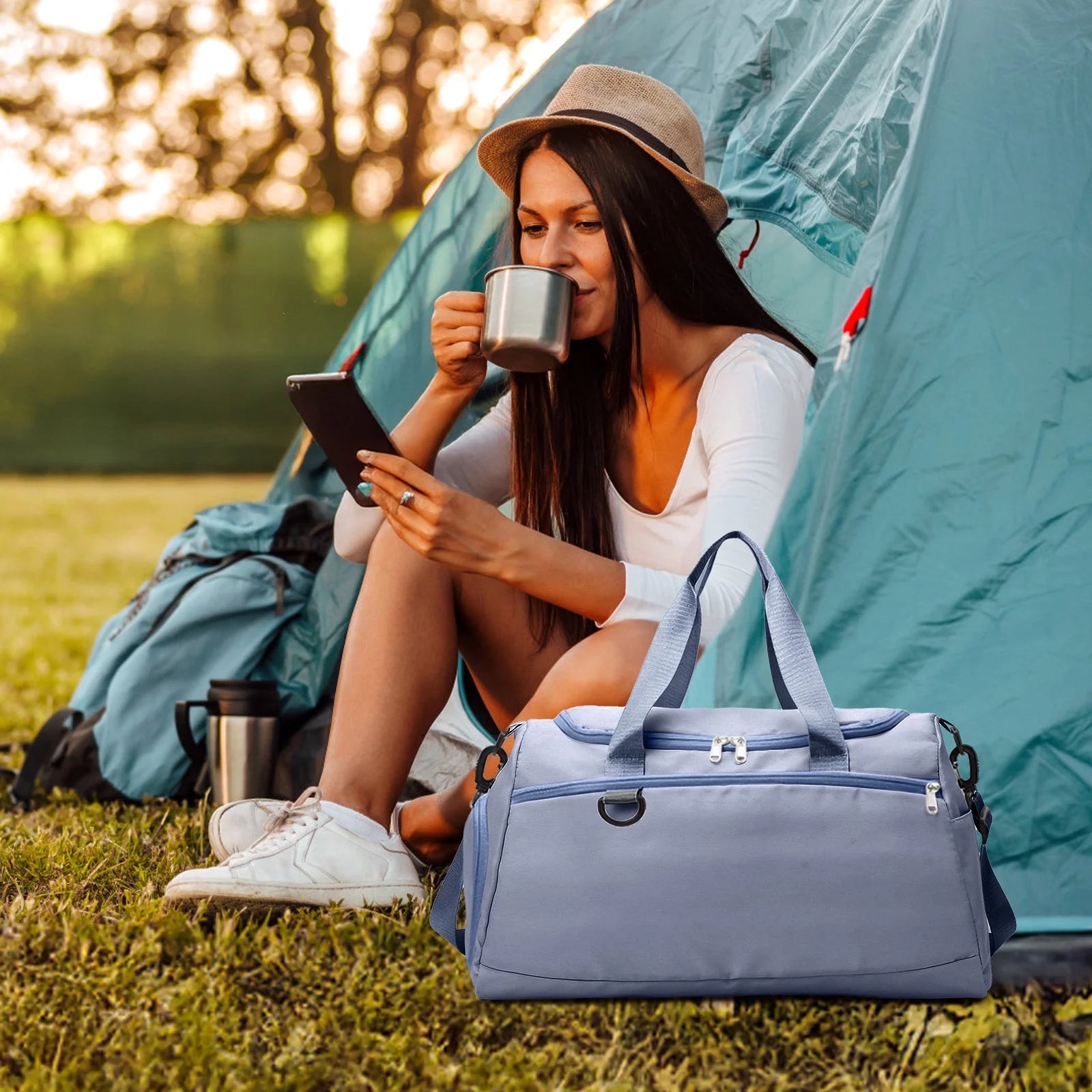 Haze Blue Waterproof Travel Duffle Bag with Shoe Compartment and Wet Pocket for Weekend Getaways, Gym, Sports, and Yoga