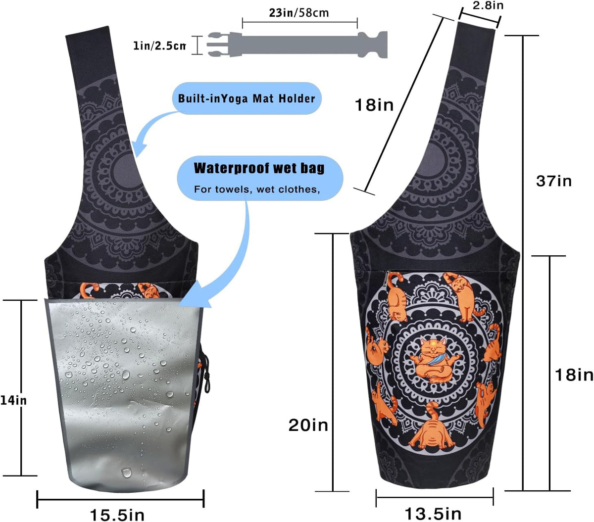 Yoga Mat Carrier Bag - Spacious Tote with Waterproof Zipper Pocket and Drawstring Water Bottle Holder, Compatible with Most Yoga Mat Sizes