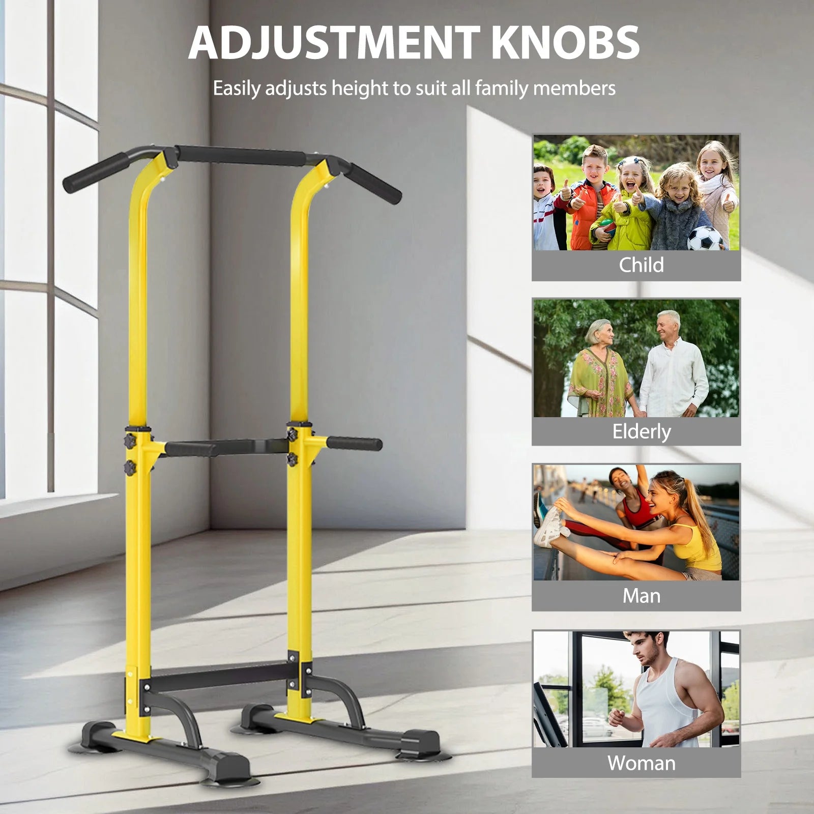 Height Adjustable Power Tower with Dip Stands and Pull-Up Bar for Home Gym - Yellow