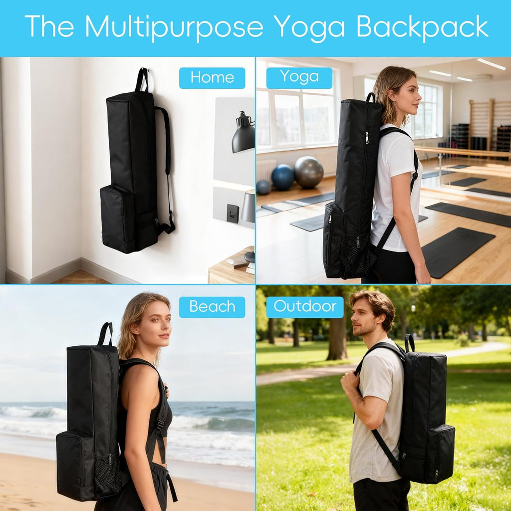 Yoga Mat Carrier Bag with Pockets and Adjustable Strap - Lightweight Waterproof Backpack for Yoga Mats and Accessories for Men and Women (Black)