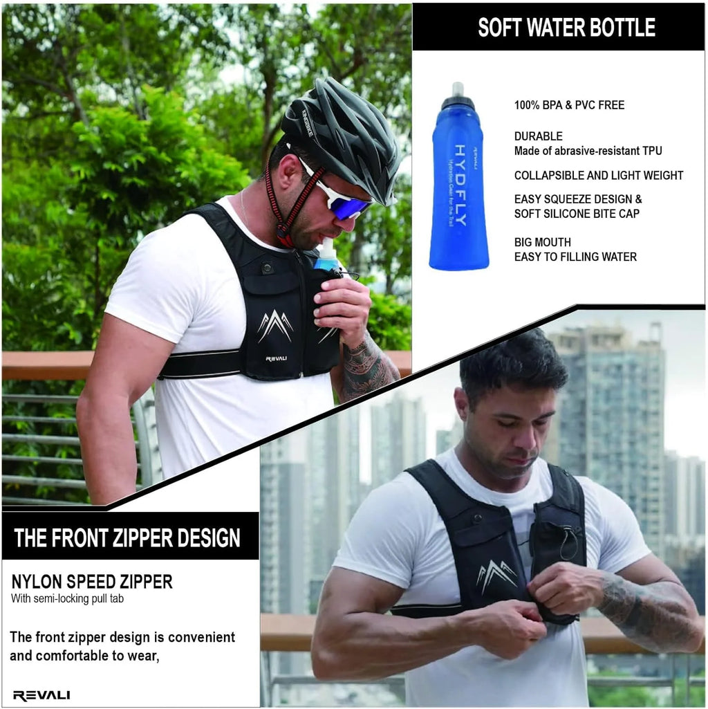 Reflective Running Vest with 500ml Hydration Bottle, Adjustable Waistband, Breathable Fabric, and Chest Pack Holder for Men and Women