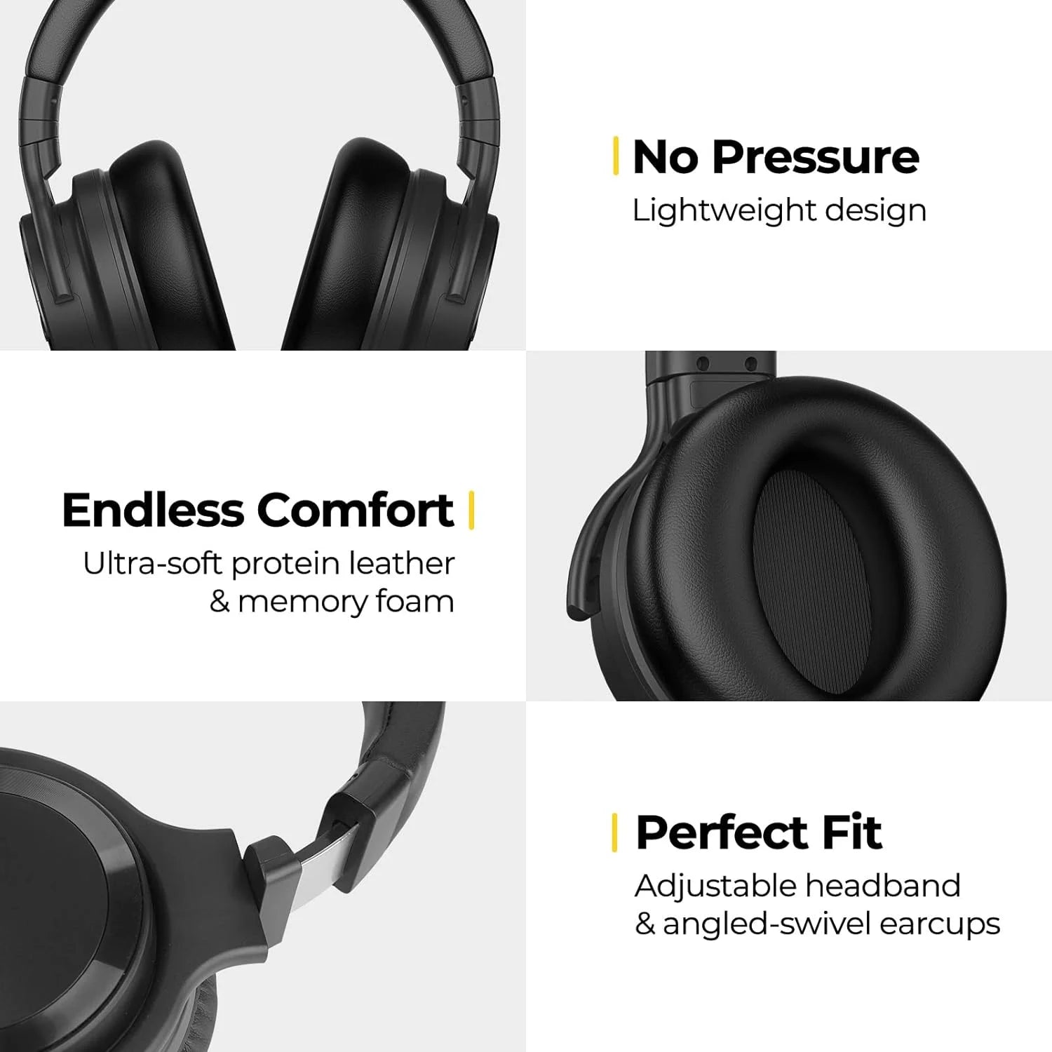 Active Noise Cancelling Wireless Bluetooth Over-Ear Headphones with Microphone, Deep Bass, Comfortable Protein Earpads, 30 Hours Playtime, Ideal for Travel and Work - Black